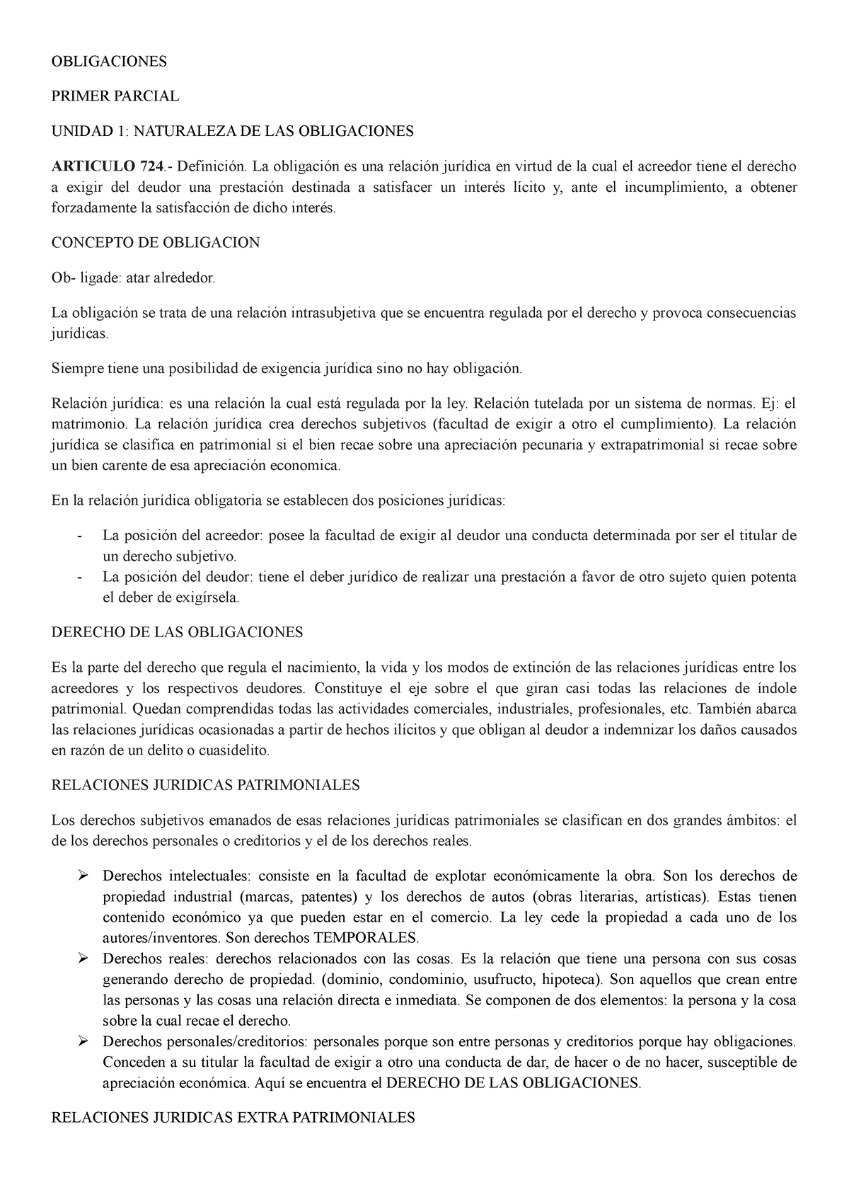 Resumen Obligaciones Obligaciones Primer Parcial Unidad 1 Naturaleza De Las Obligaciones 7584