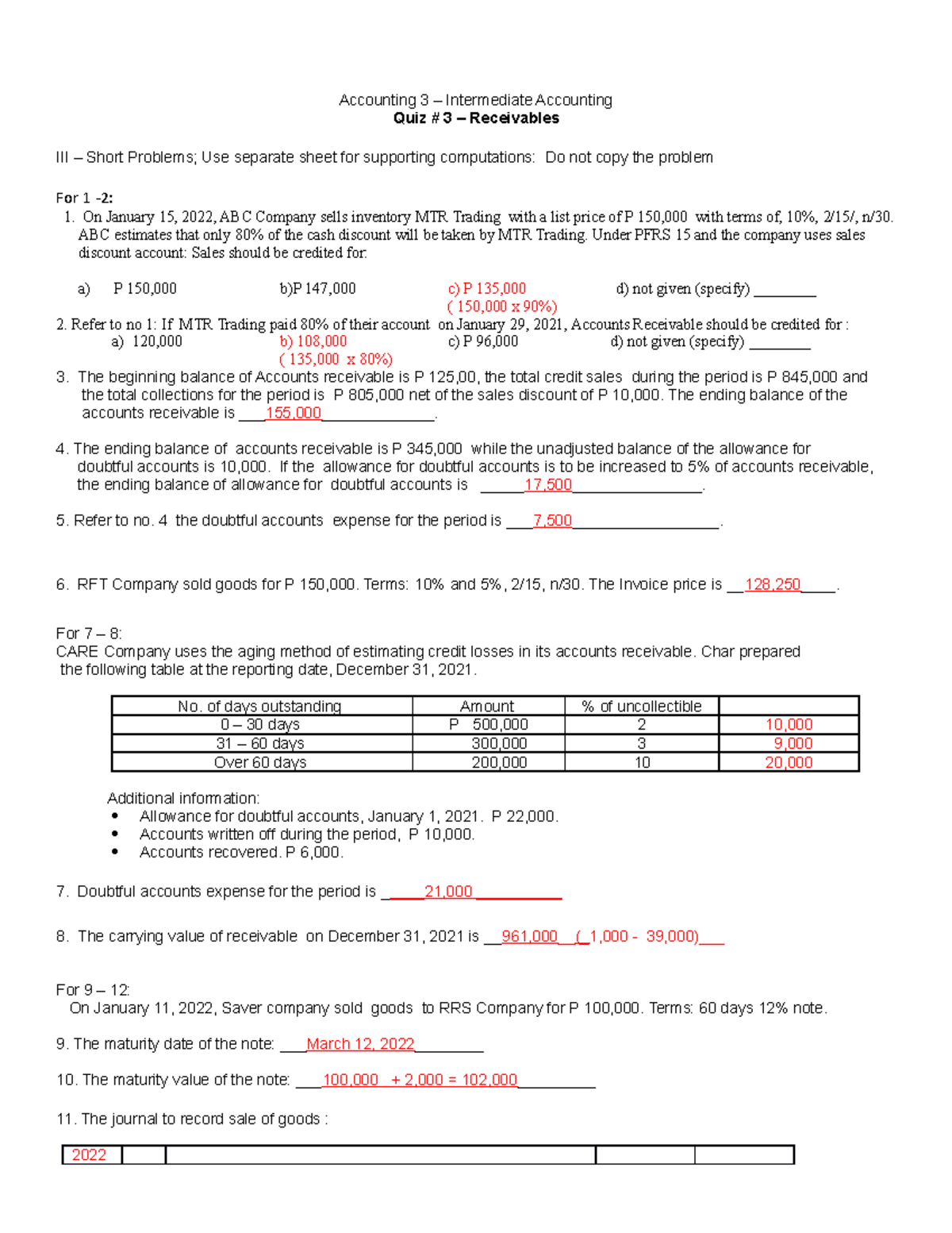 Key To Correction Quiz 3 Receivables Accounting 3 Intermediate Accounting Quiz 3 Key To Correction Quiz 3 Receivables Accounting 3 Intermediate Accounting Quiz 3