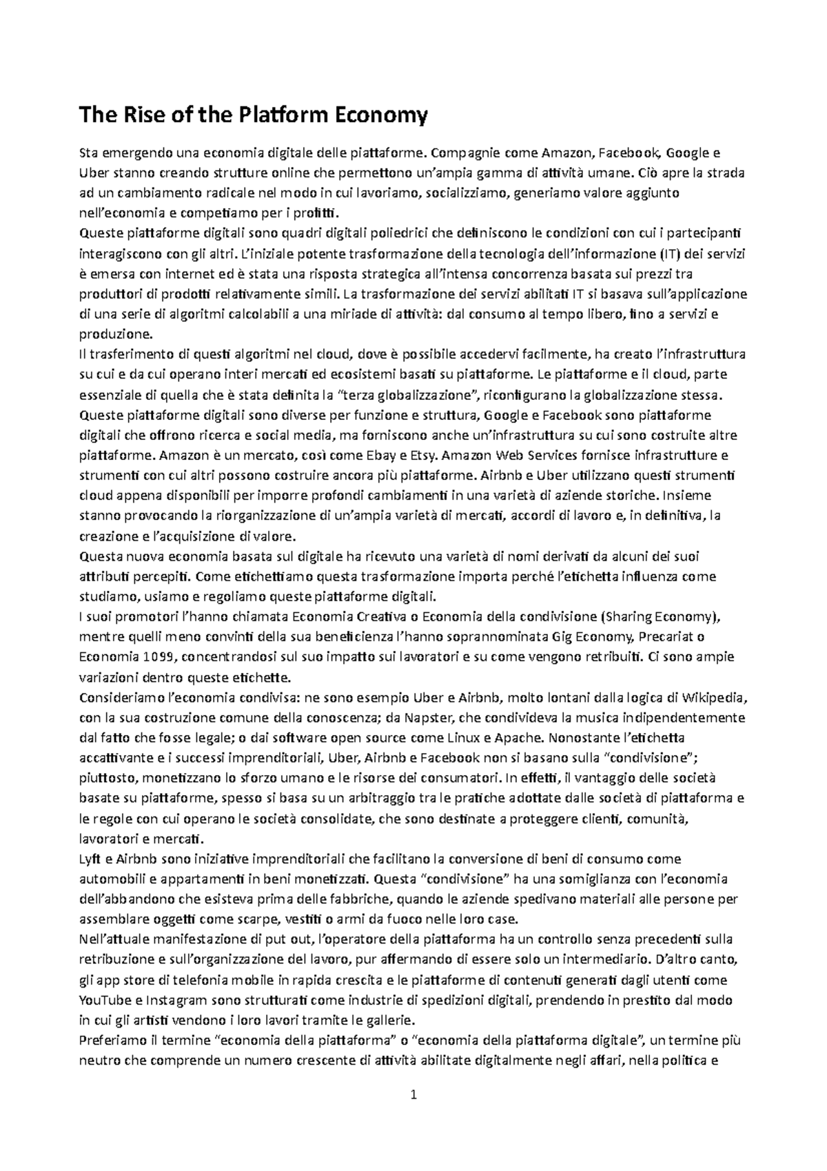 The Rise of the Platform Economy - Comunicazione, ICT e Media ...