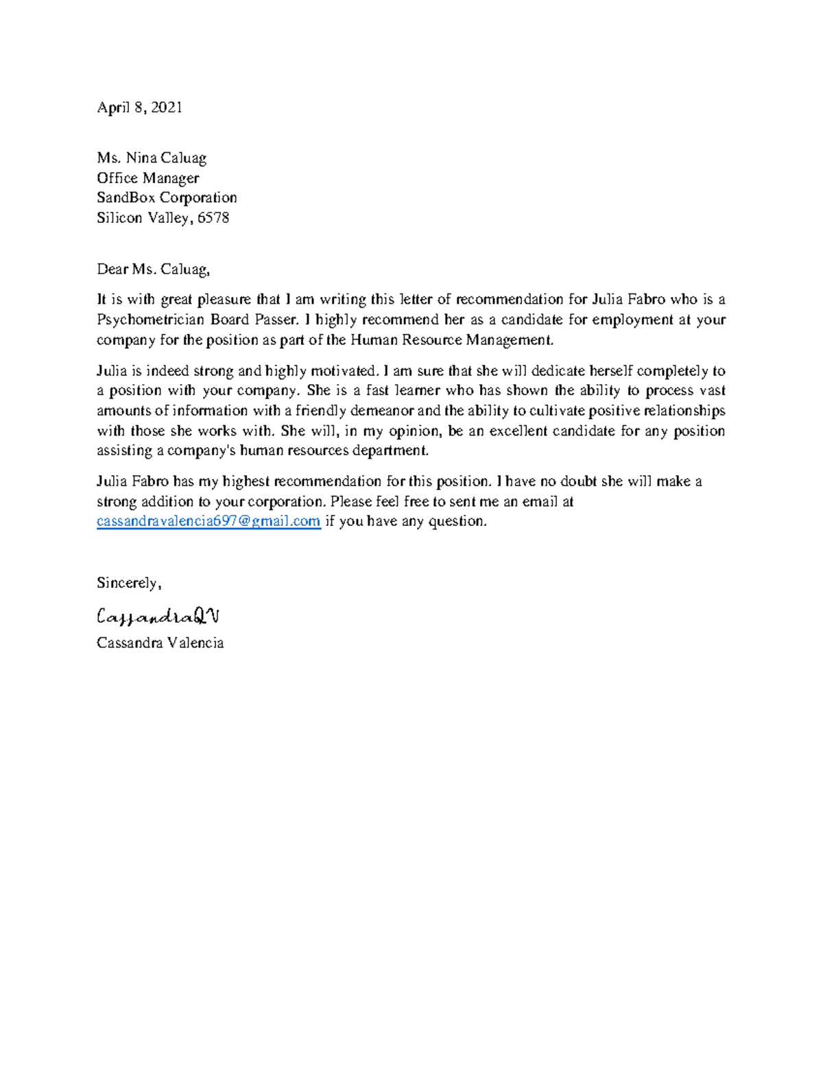 RECOMMENDATION LETTER - April 8, 2021 Ms. Nina Caluag Office Manager ...