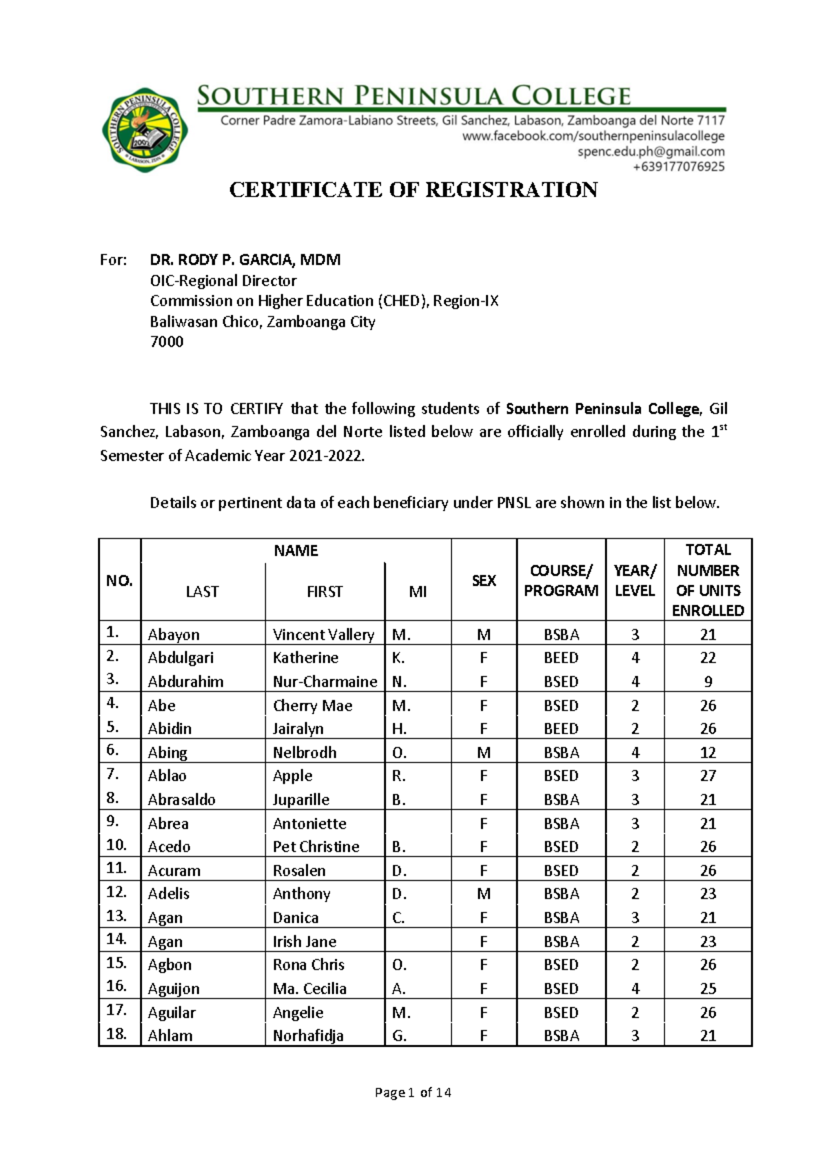 Certification of TES FUND Release to Pheis- 2021-2022-1ST SEM ...