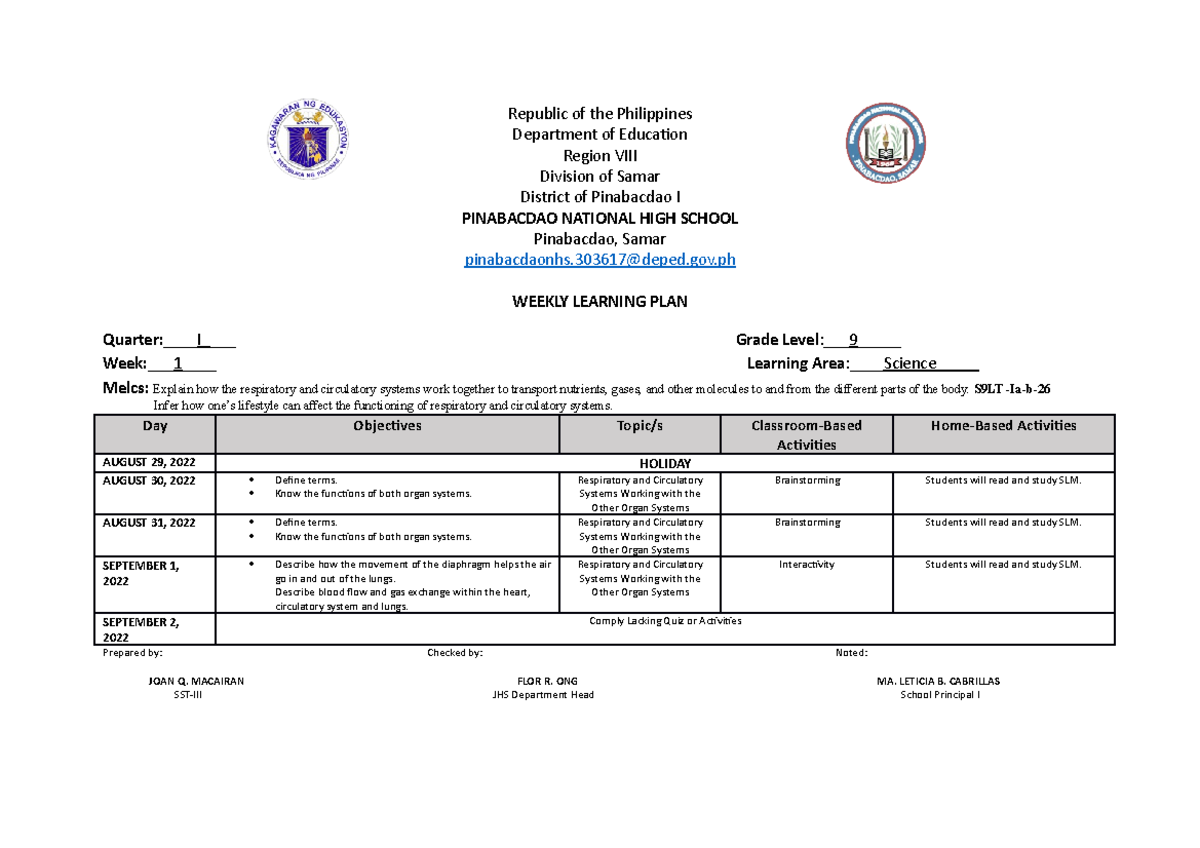 WLP - Weekly Learning Plan - Republic of the Philippines Department of ...