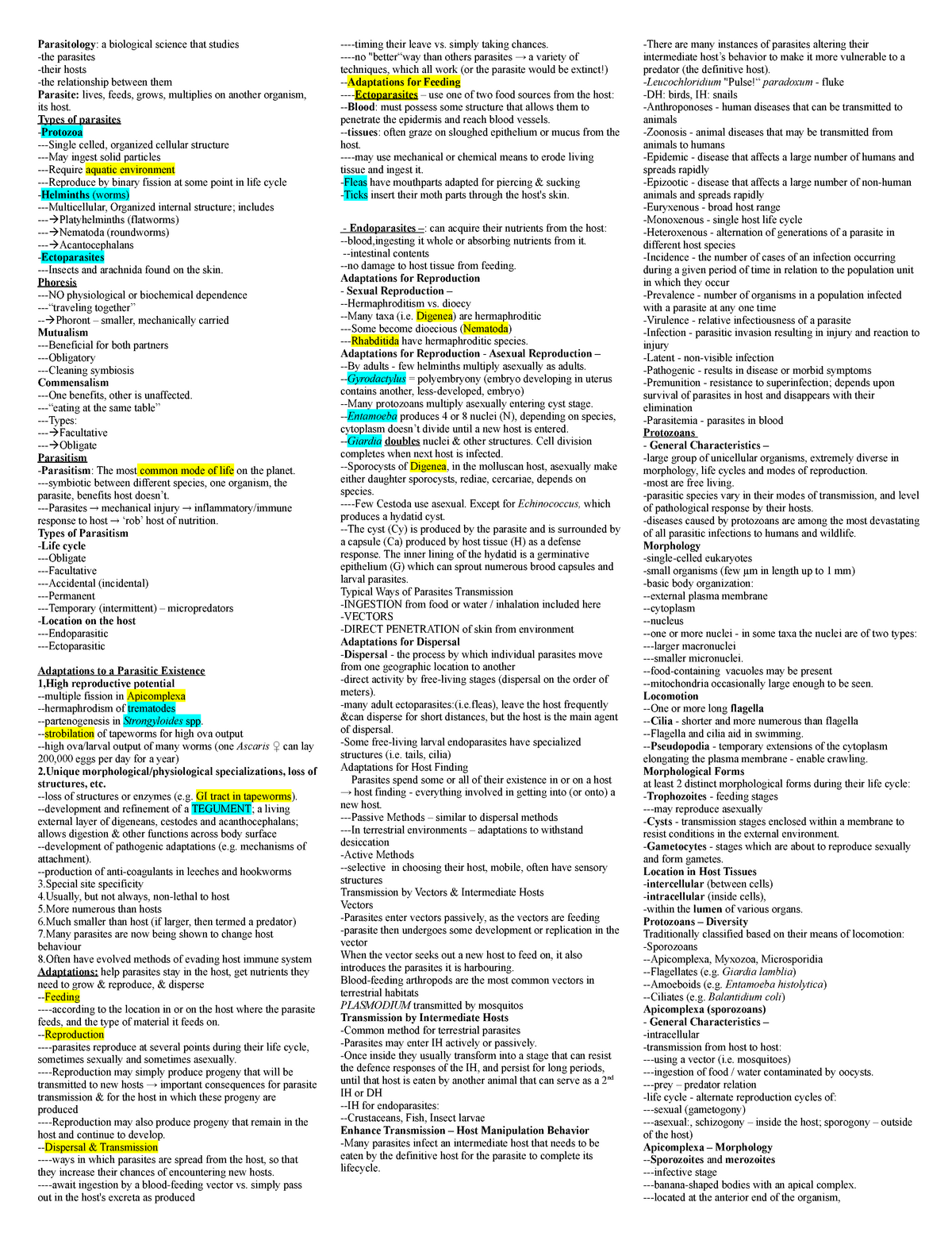 BI 484 Cheat sheet - Parasitology: a biological science that studies ...