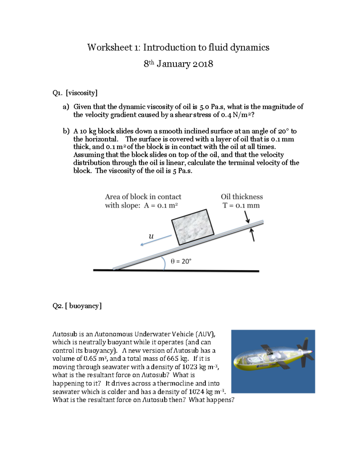 Worksheet 1 MECH103P Fluids 2018 Worksheet 1 Introduction to fluid