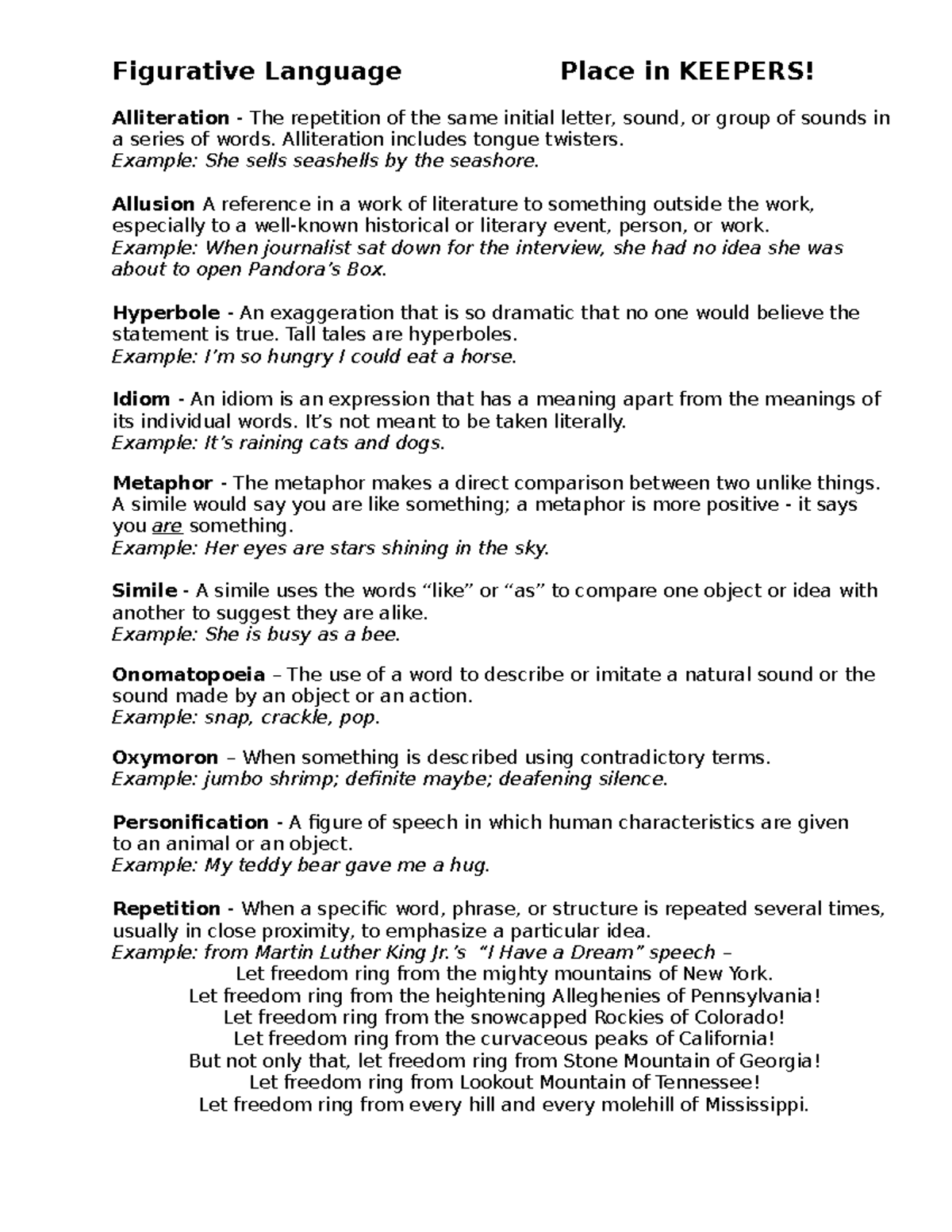 Figurative language cheat sheet Figurative Language Place in KEEPERS