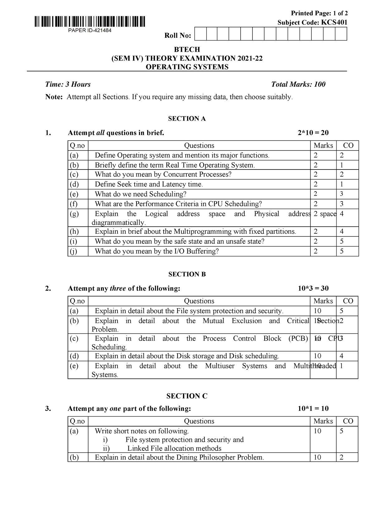 Btech-cs-4-sem-operating-systems-kcs401-2022 - Printed Page: 1 Of 2 ...