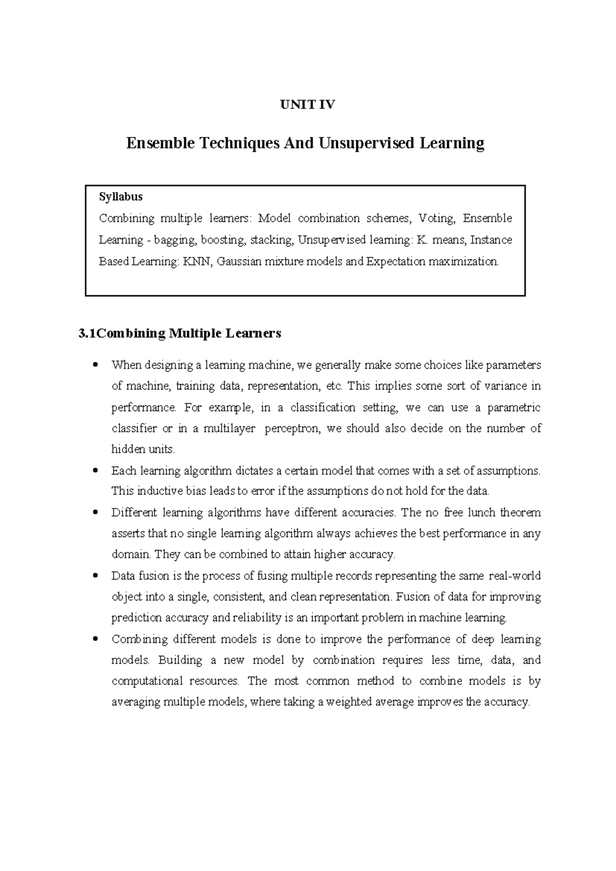 UNIT4 - unit 4 notes - UNIT IV Ensemble Techniques And Unsupervised ...