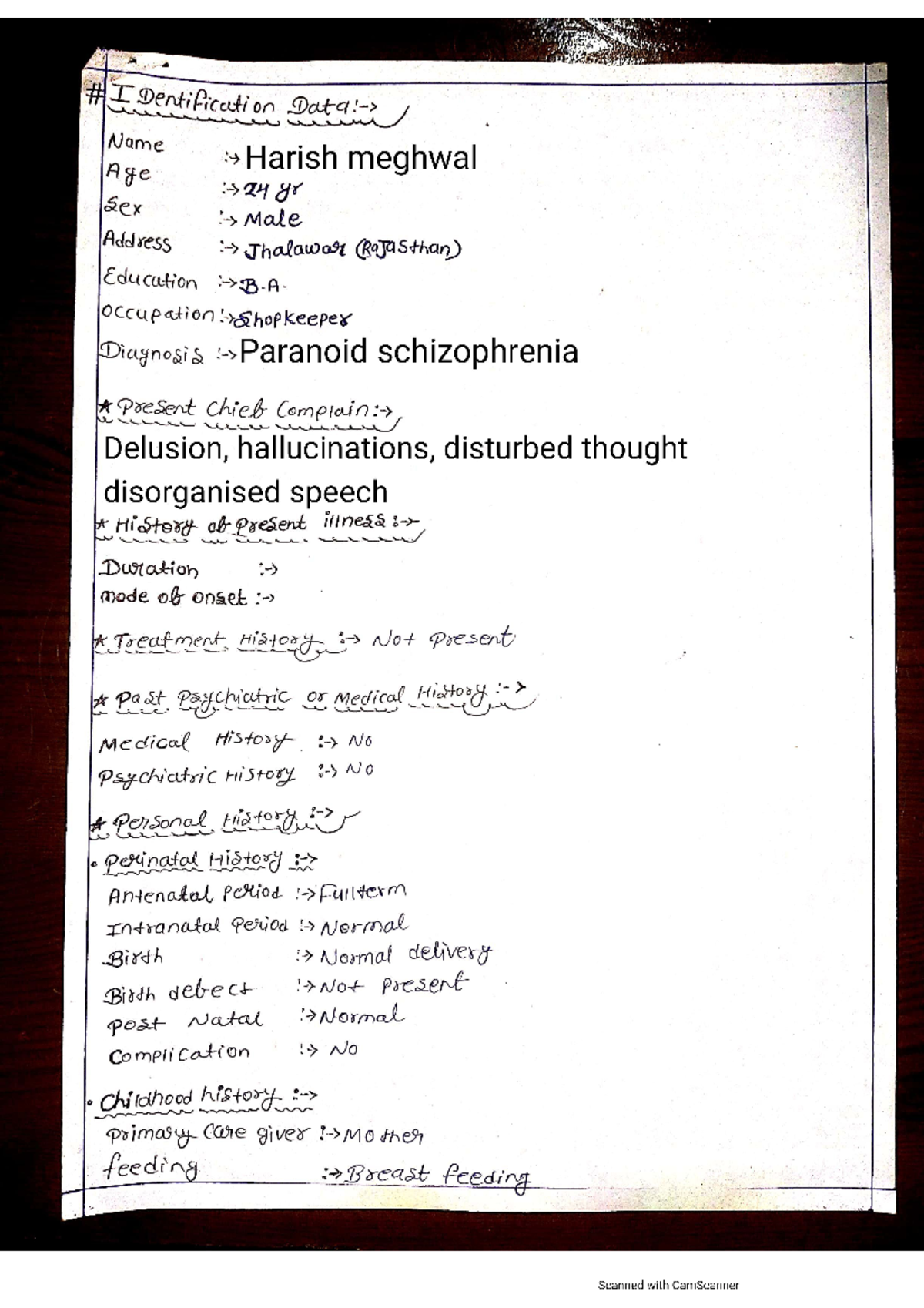 Case study on Paranoid schizophrenia - I Dentification Data: Name Age ...