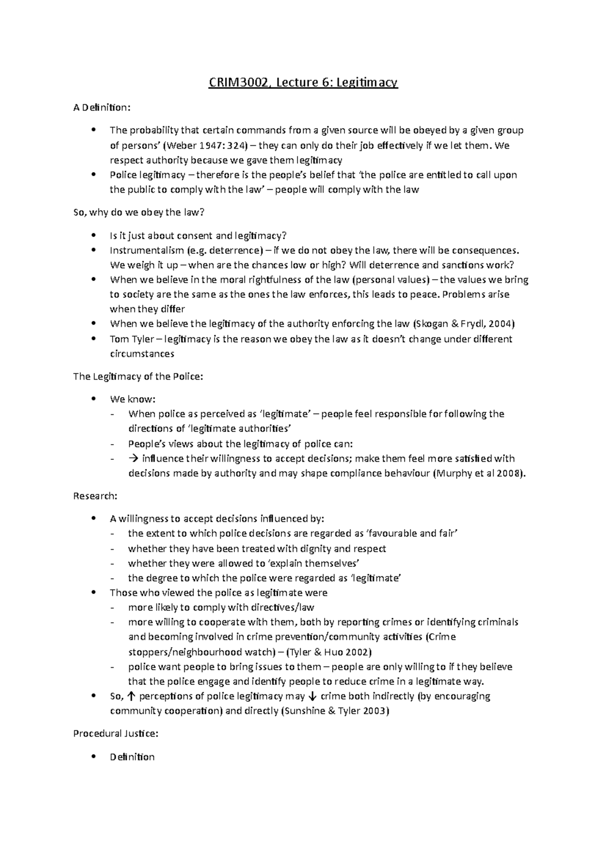 Lecture 6 Notes - Legitimacy - CRIM3002, Lecture 6: Legitimacy A ...