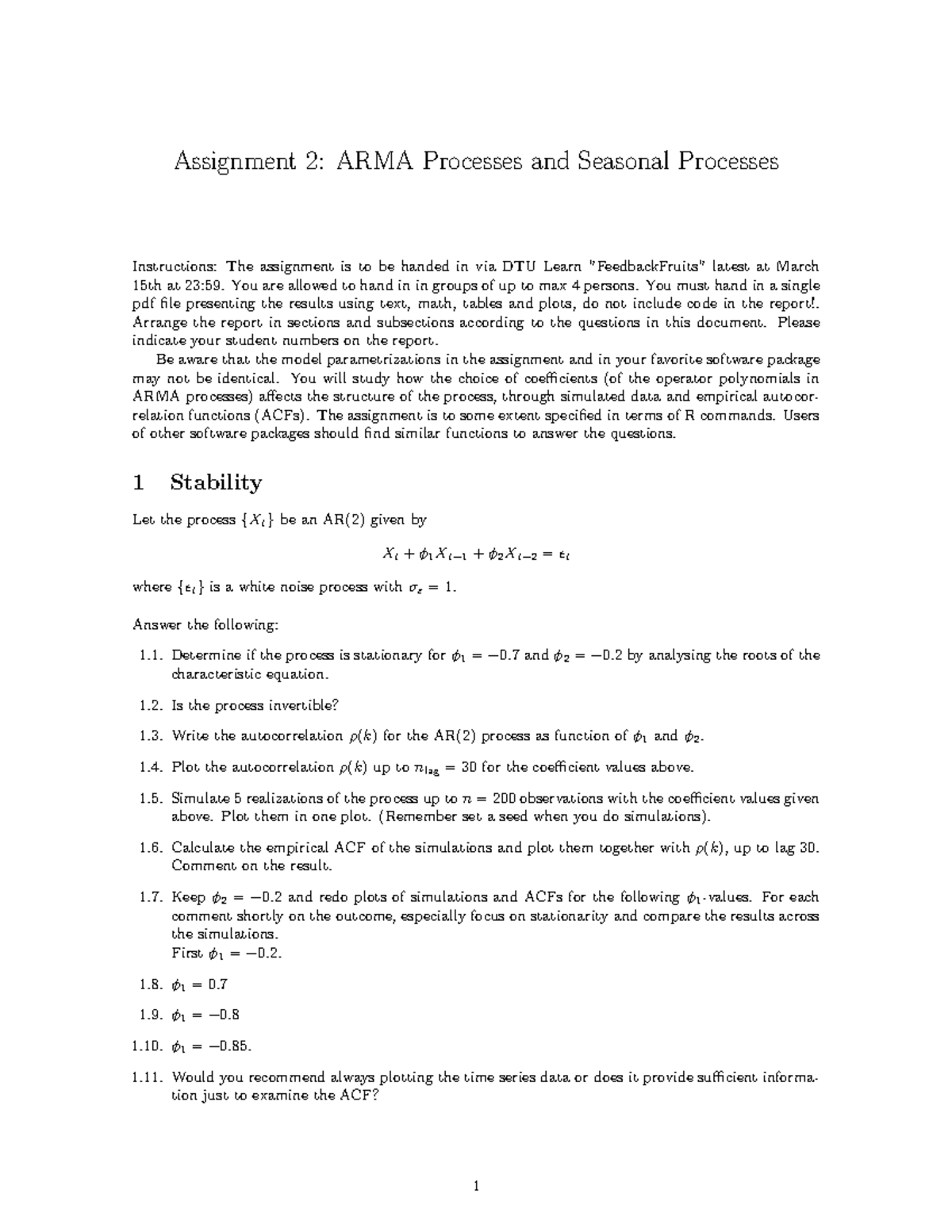 Assignment 2 2024 - Assignment 2: ARMA Processes and Seasonal Processes ...