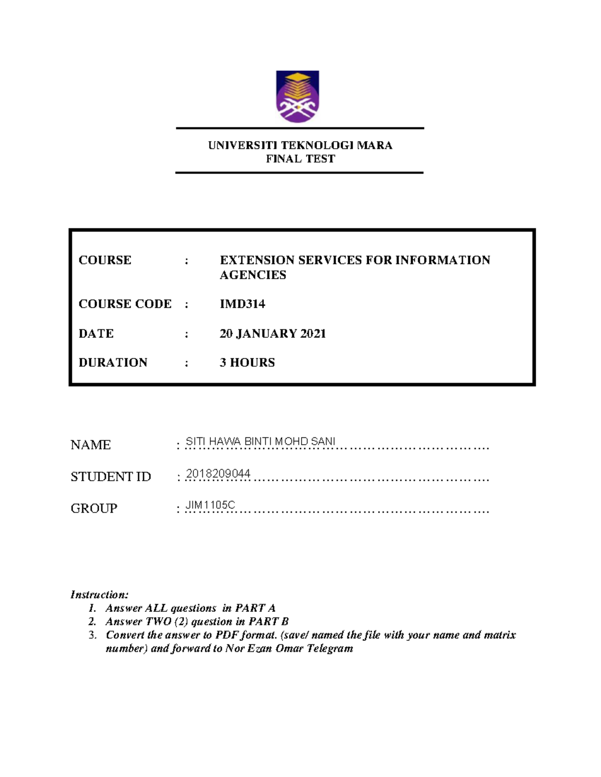diploma assignment 2020 - UNIVERSITI TEKNOLOGI MARA FINAL TEST NAME ...