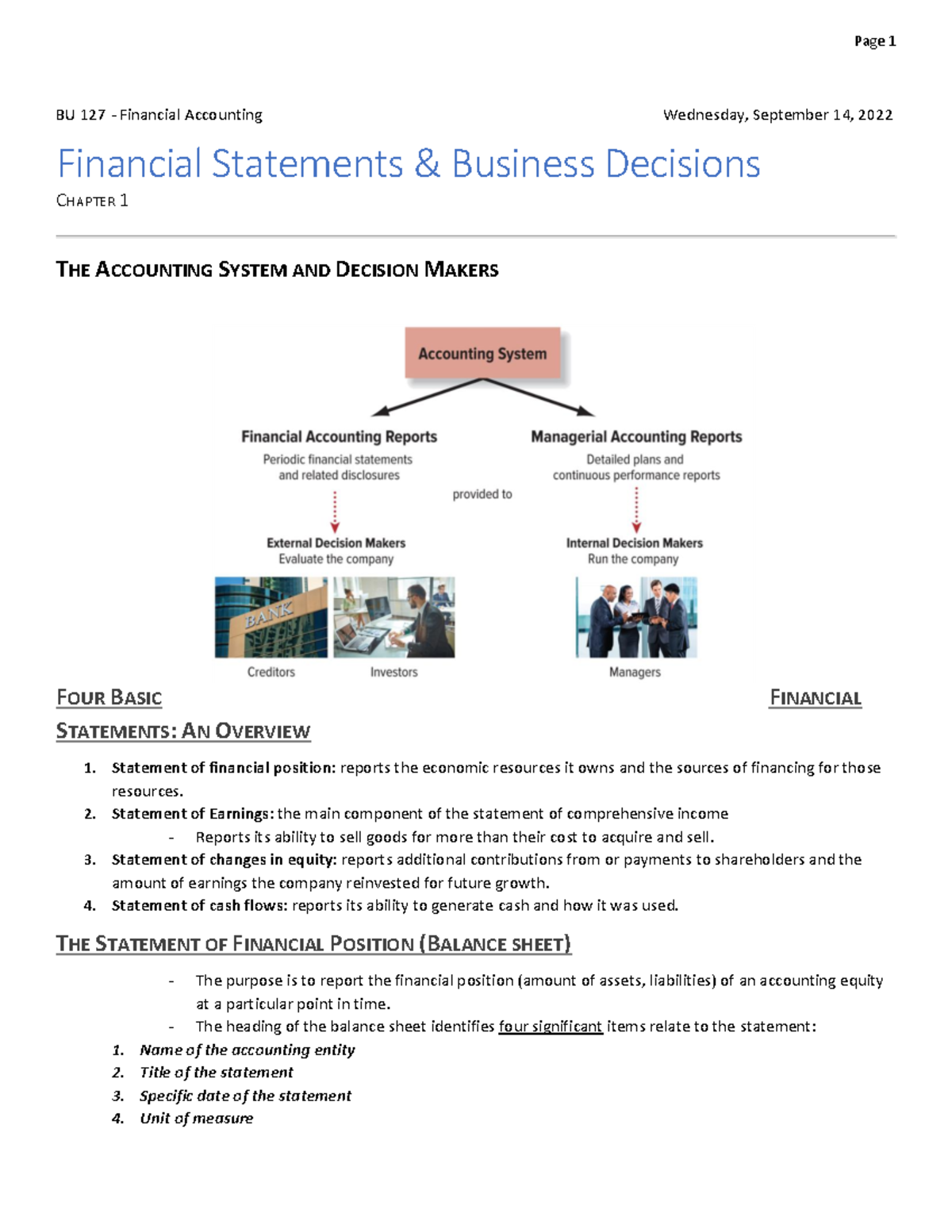 Accounting - Chapter 1 Notes - BU 127 - Financial Accounting Wednesday ...