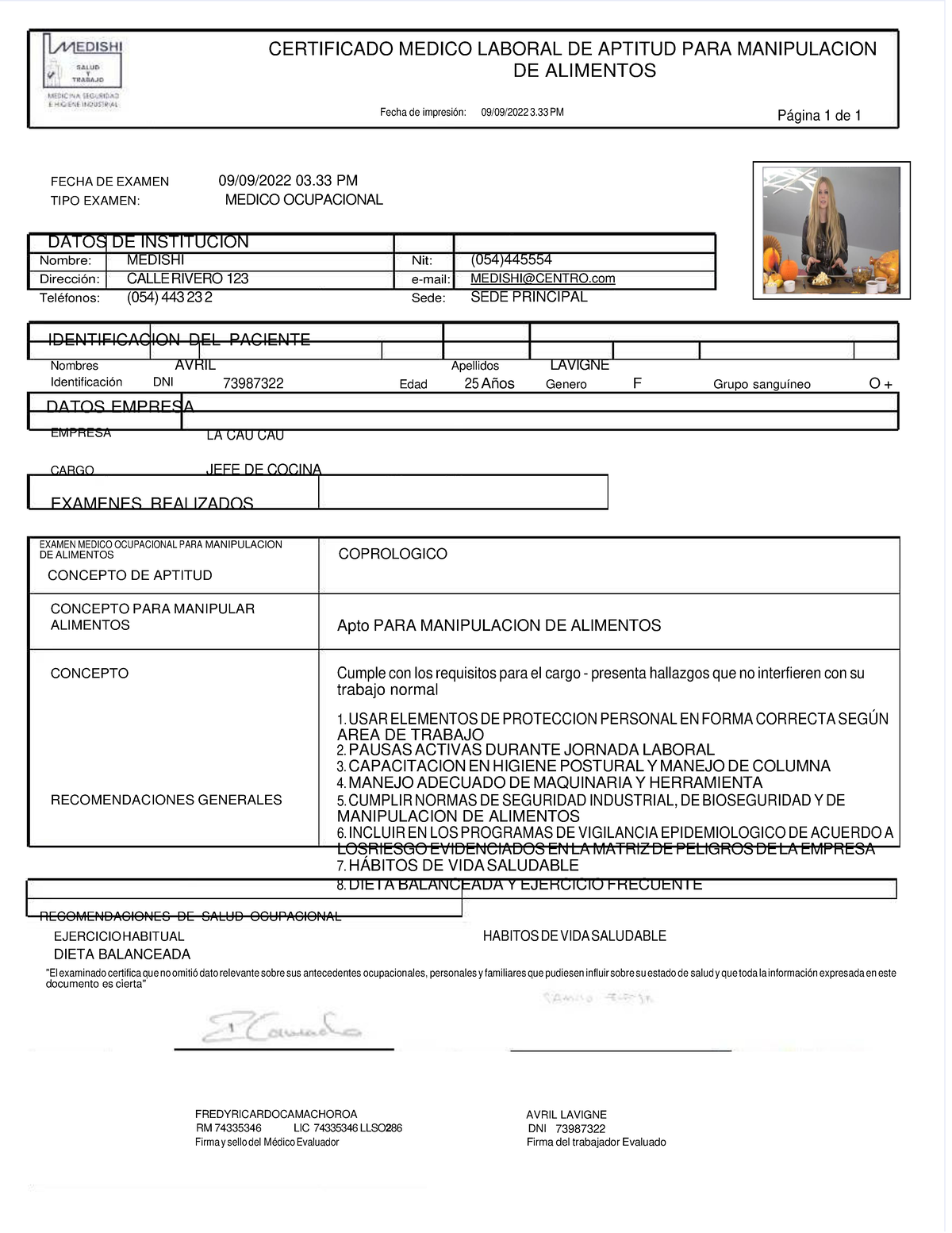 Certificado Medico Laboral DE Aptitud PARA Manipulacion DE Alimentos CERTIFICADO MEDICO