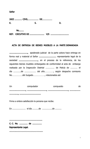 Acta de entrega de Bienes Embargados al Demandado - Señor JUEZ ............  CIVIL................... - Studocu