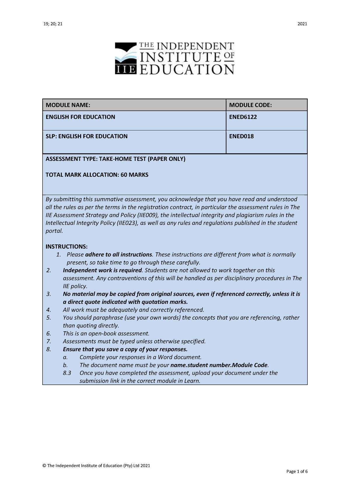 Take-Home Test 1 - THE ENGLISH TAKE HOME TEST - MODULE NAME: MODULE ...