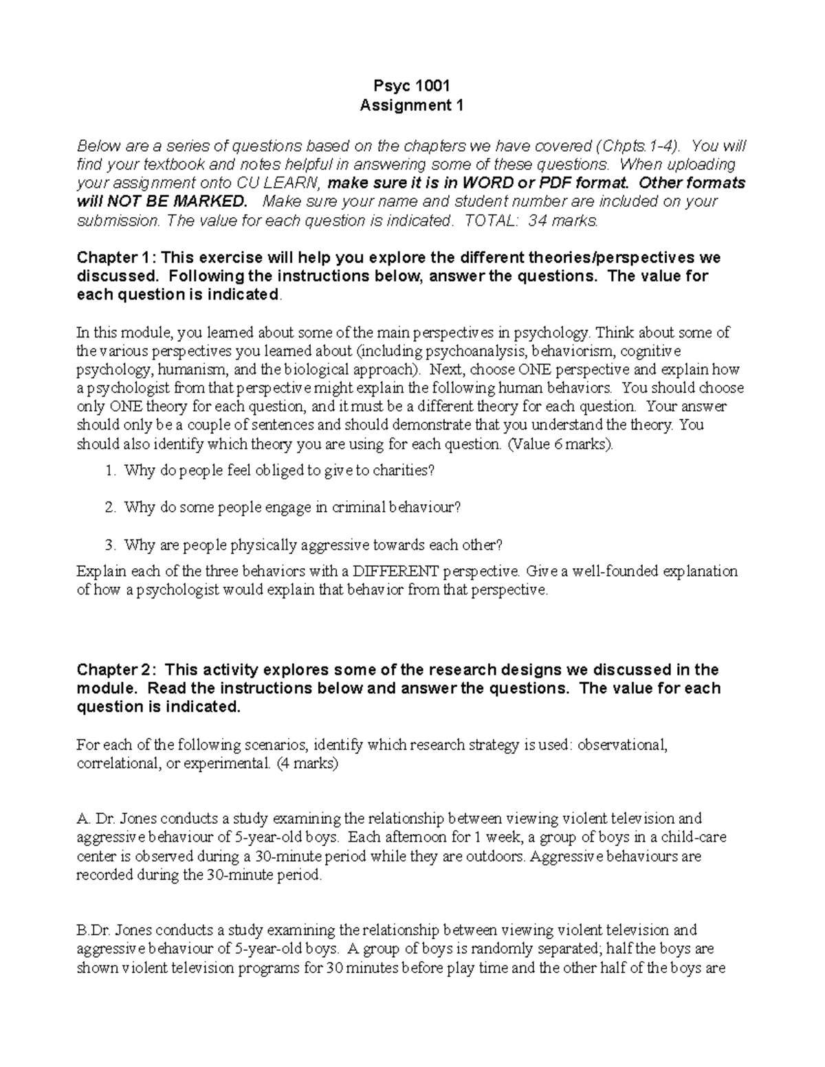 Psyc 1Winter 2024 - Psyc 1001 Assignment 1 Below are a series of ...