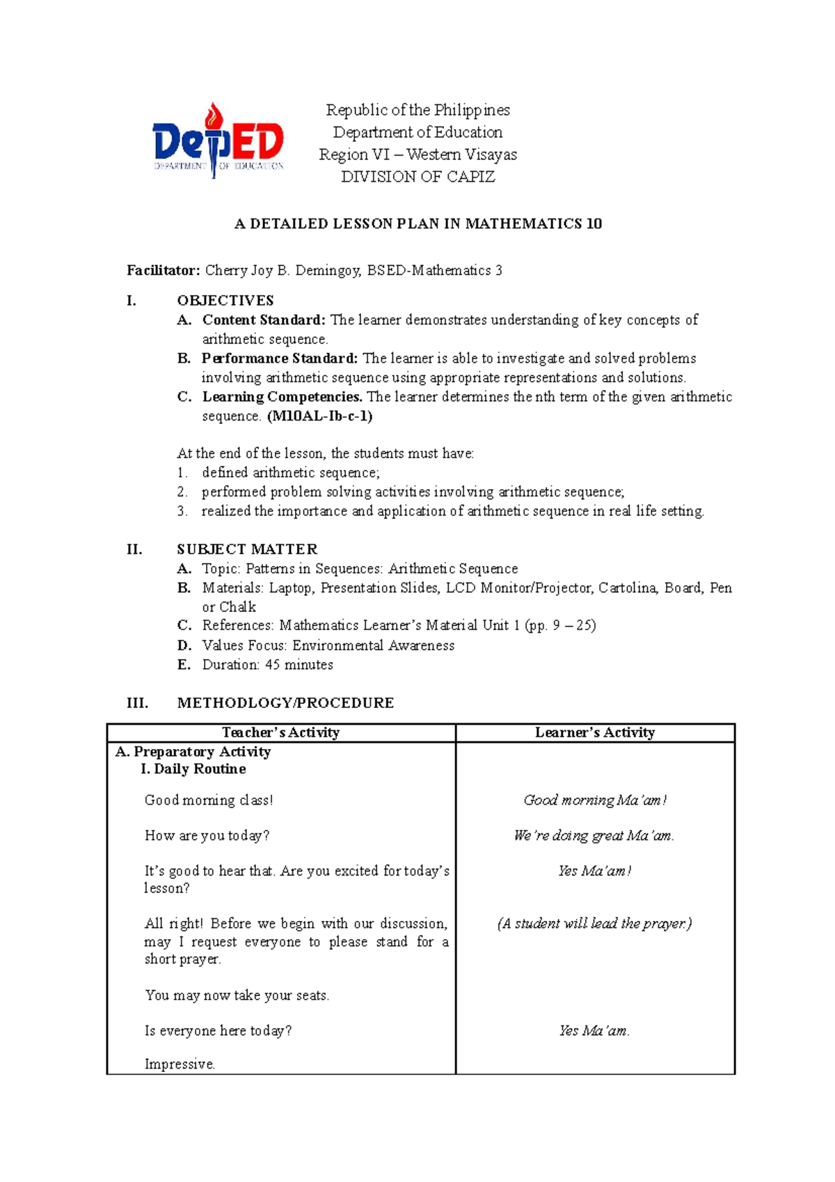 Detailed Lesson Plan In Mathematics 10 Republic Of The Philippines Department Of Education 5062