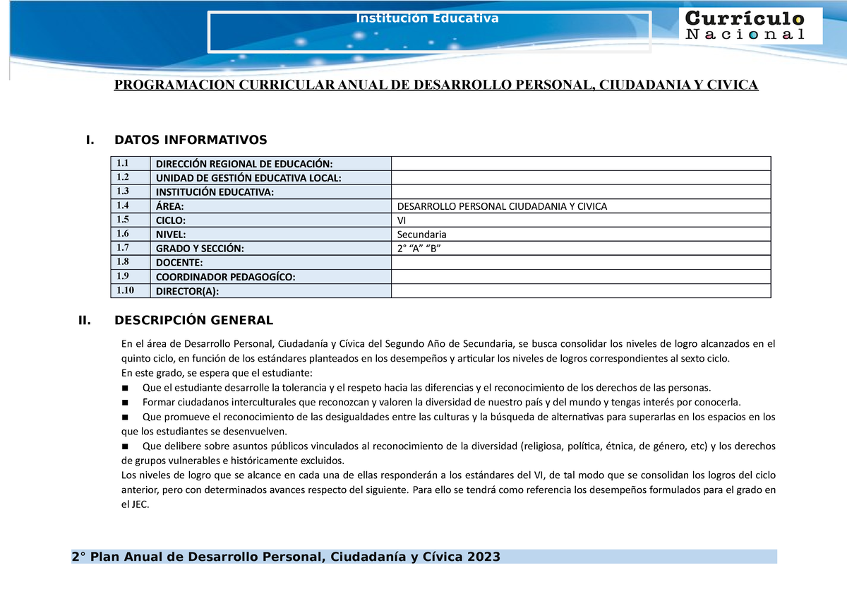 Programacion Anual DPCC 2° AÑO 2023 - I. DATOS INFORMATIVOS 1 DIRECCIÓN ...