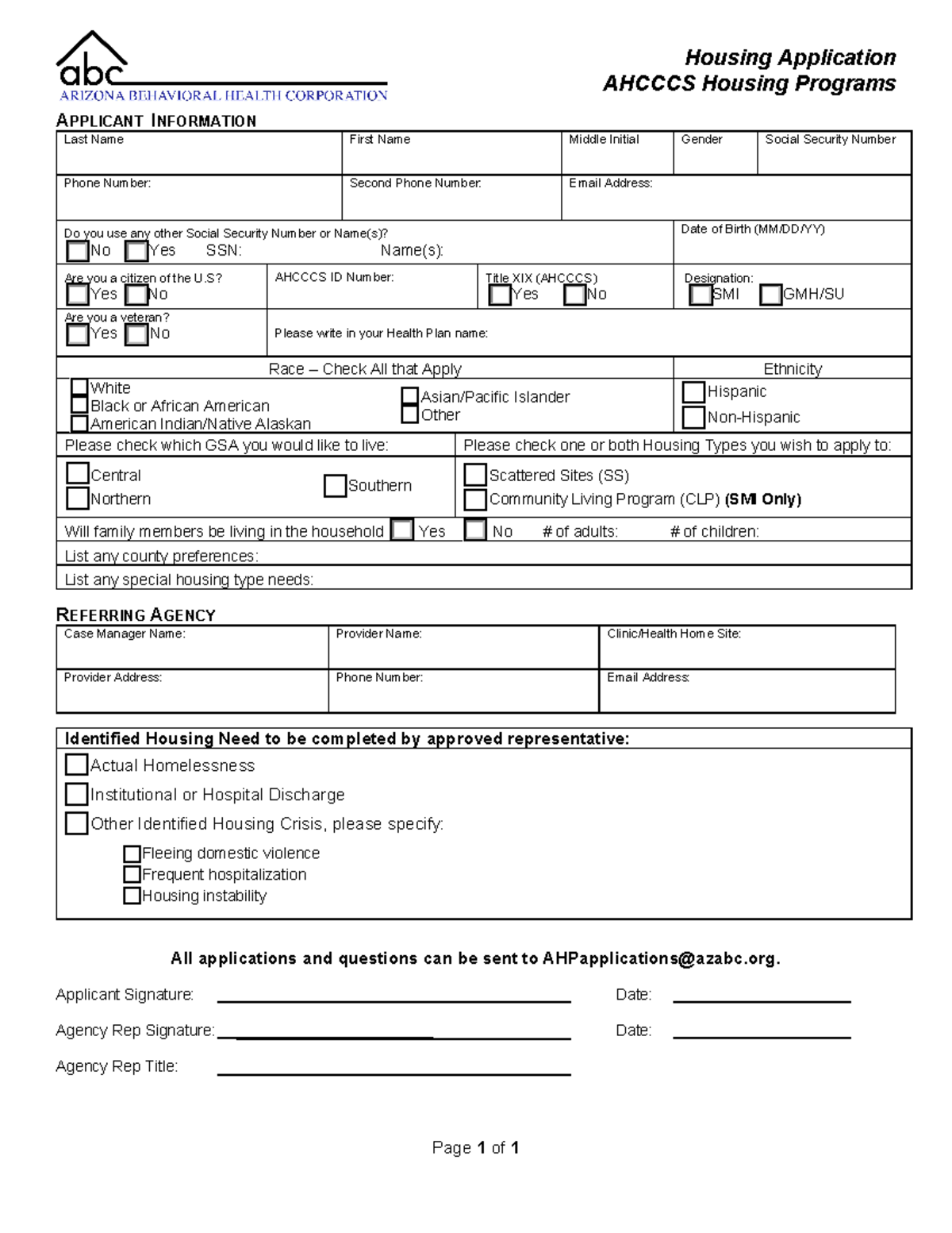 AHP Housing Application Packet 10 Page 1 of 1 Housing Application