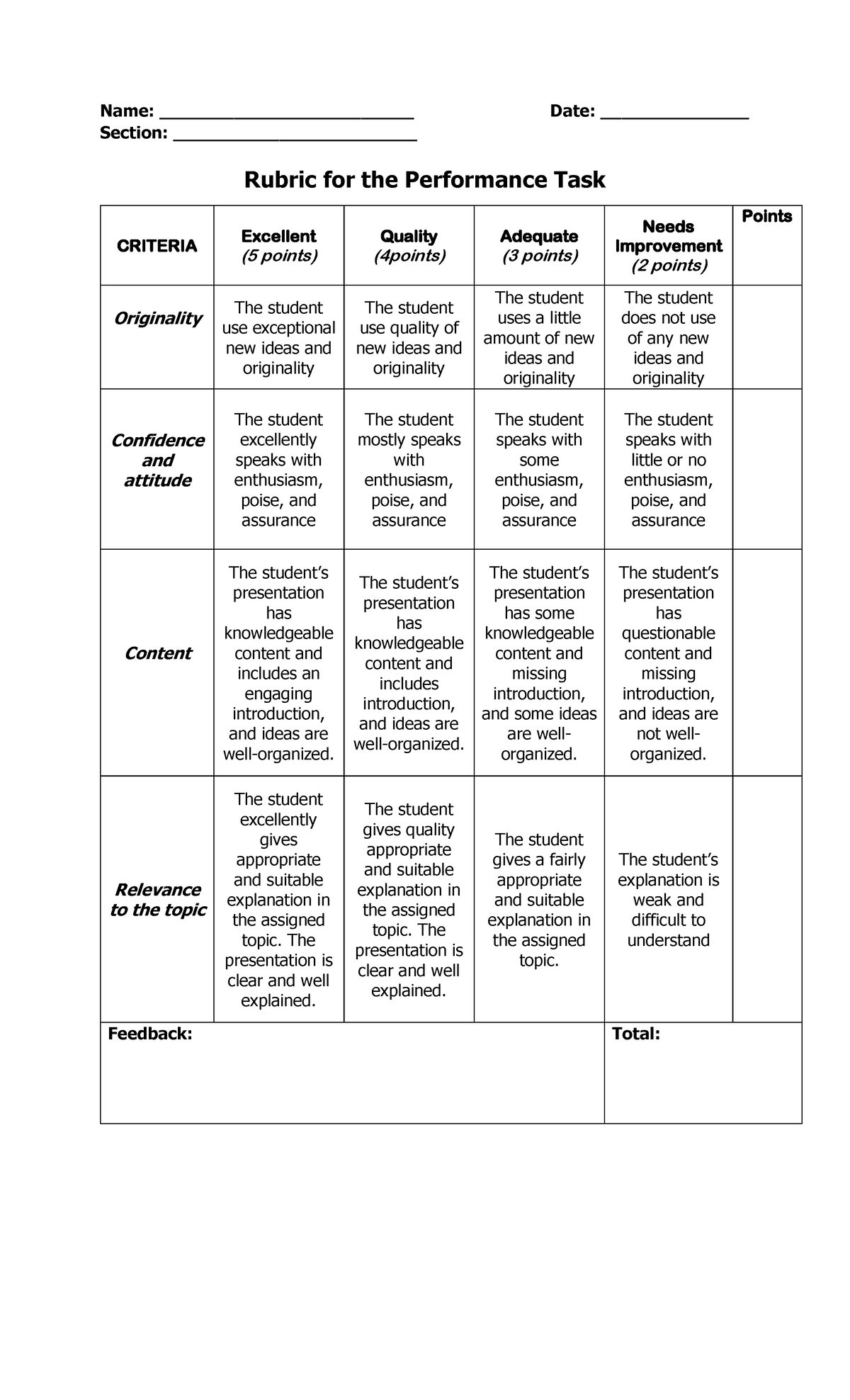 Rubric-for-the-performance-task - Name: ________________________ Date ...