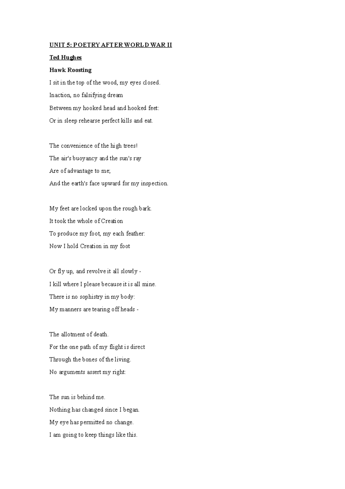 UNIT 5 - Various poems - UNIT 5: POETRY AFTER WORLD WAR II Ted Hughes ...