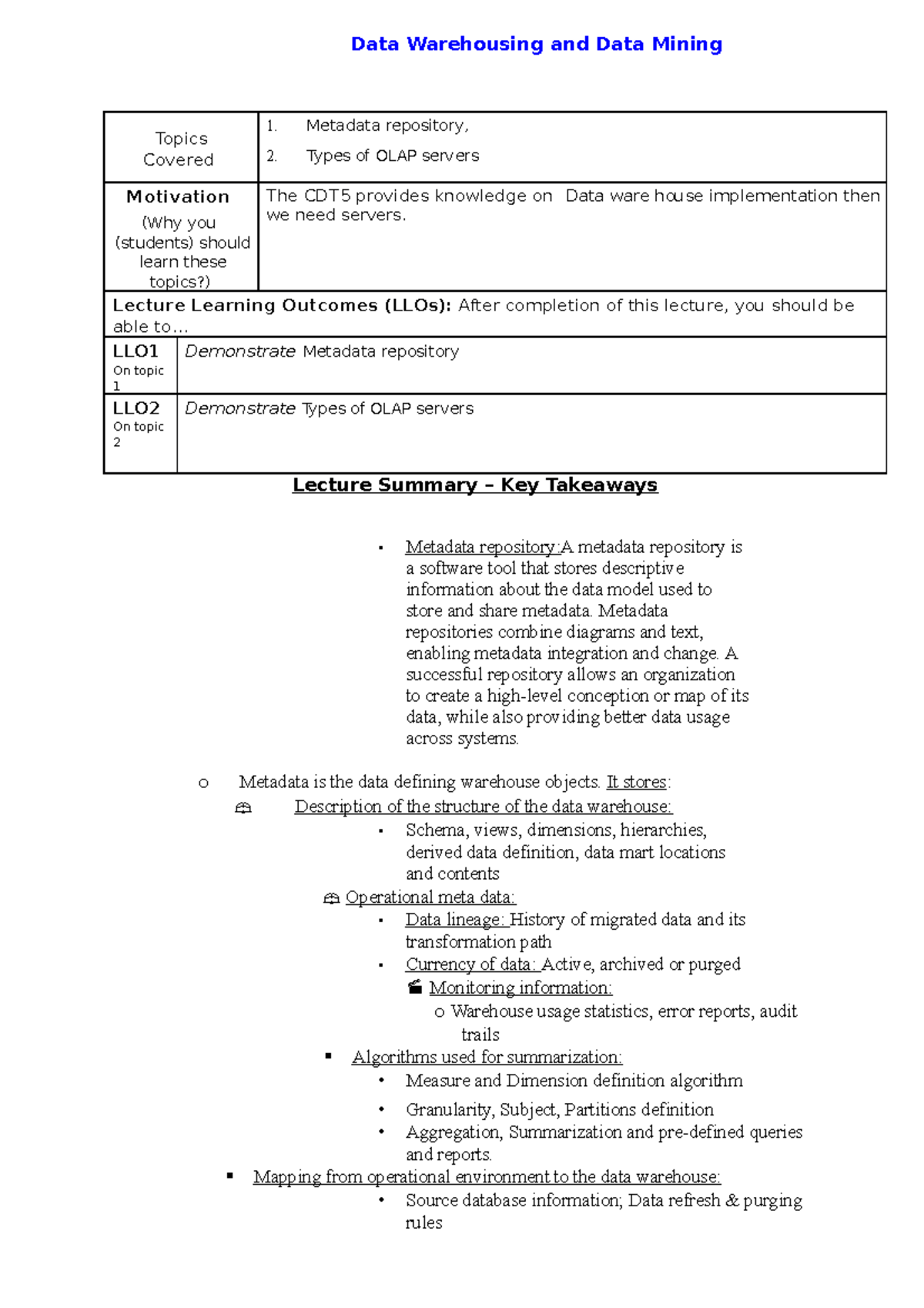 Metadata repository types of OLAP Servers - Data Warehousing and Data ...