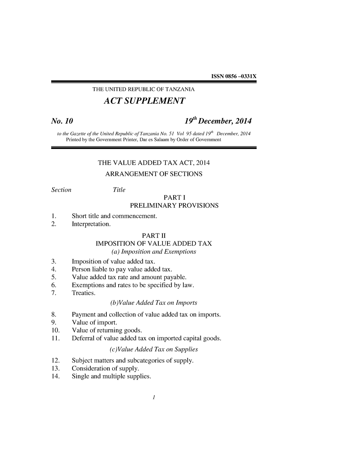 THE Value Added TAX ACT, 2014 - ISSN 0856 – 0331X THE UNITED REPUBLIC ...