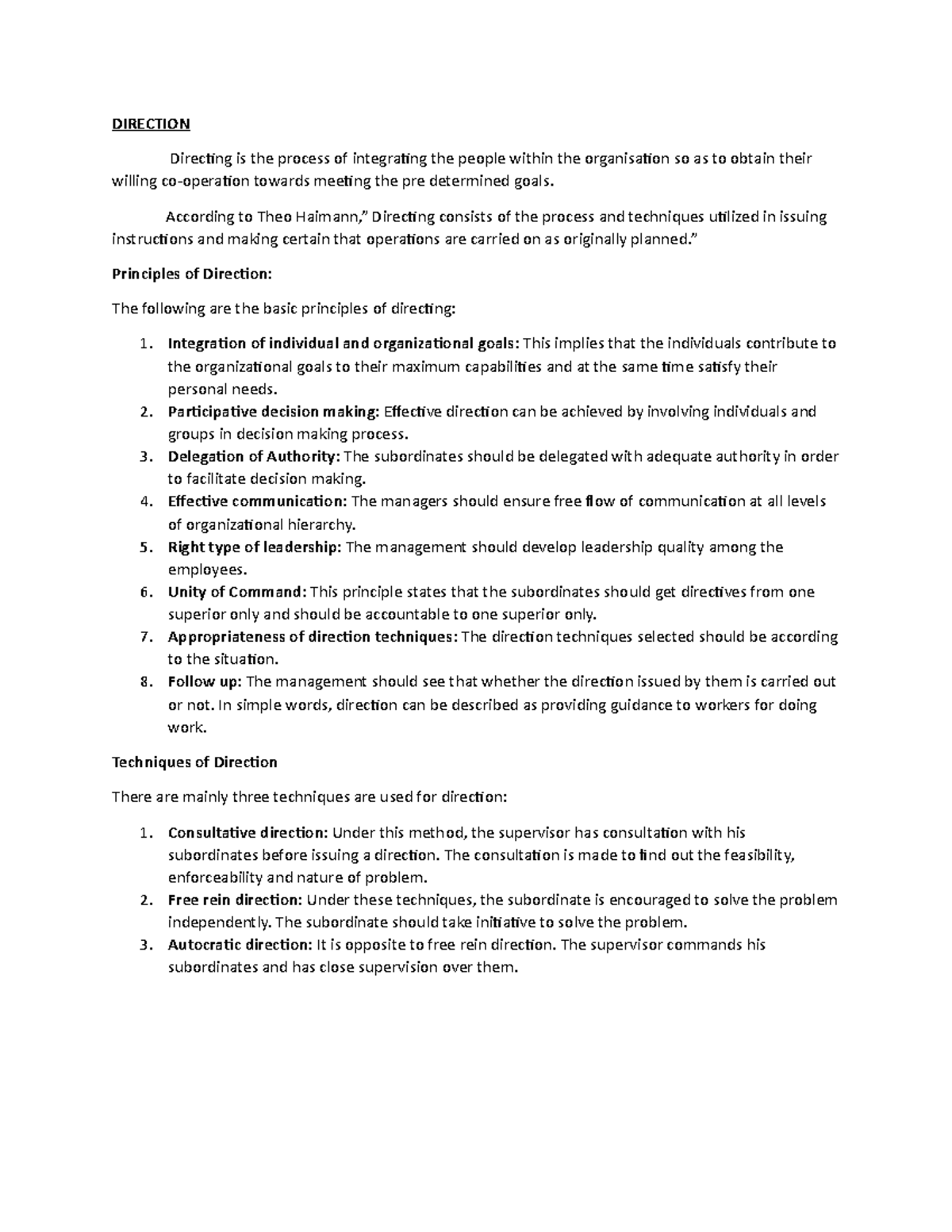 Direction and Techniques of Direction - DIRECTION Directing is the ...