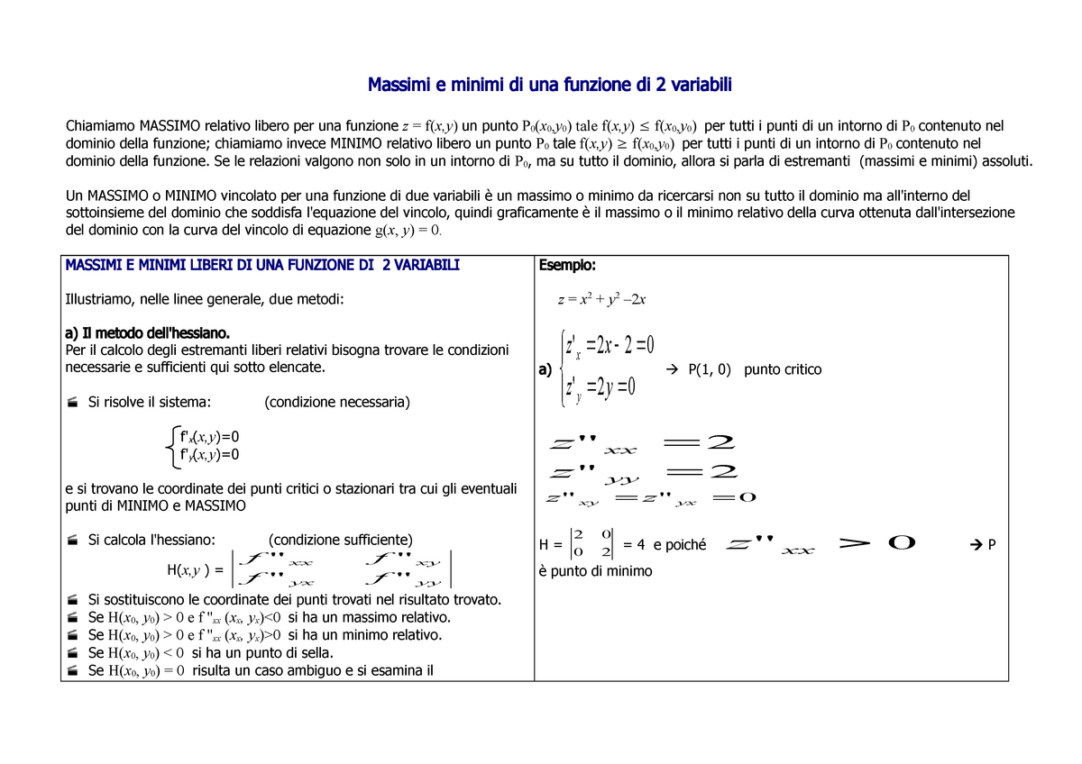 340 Scheda Max E Min Massimi E Minimi Di Una Funzione Di 2 Variabili Chiamiamo Massimo 8079