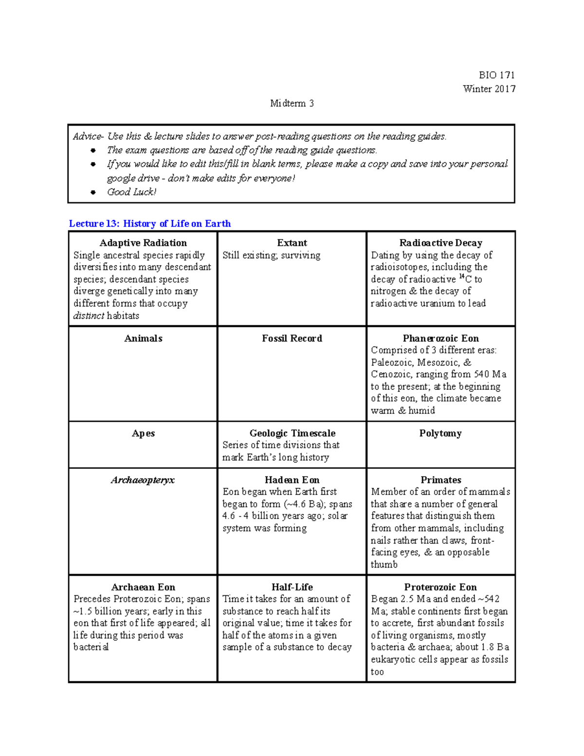 BIO 171 Exam 3 Study Guide - BIO 171 Winter 2017 Midterm 3 Use this ...