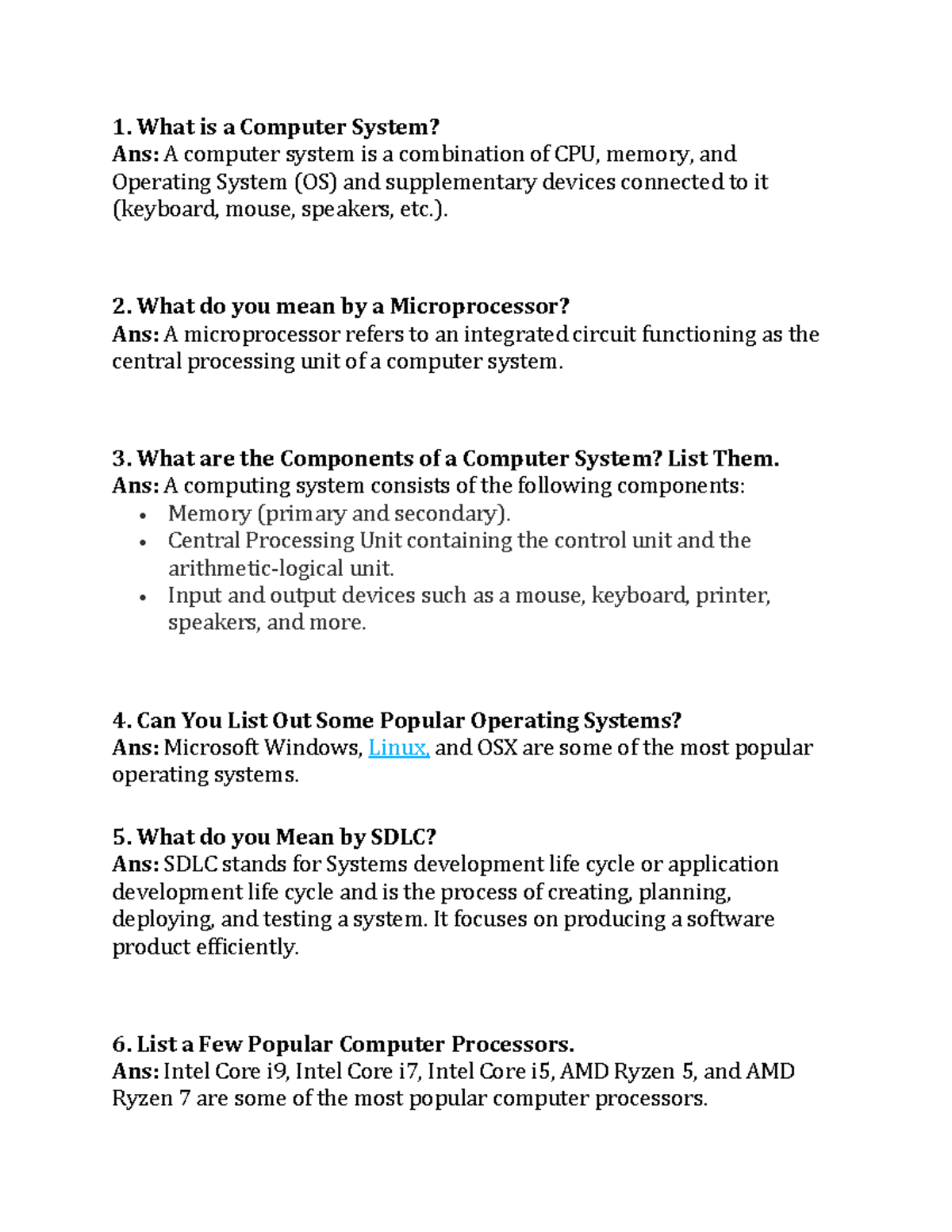 Computer notes 1 - 1. What is a Computer System? Ans: A computer system ...