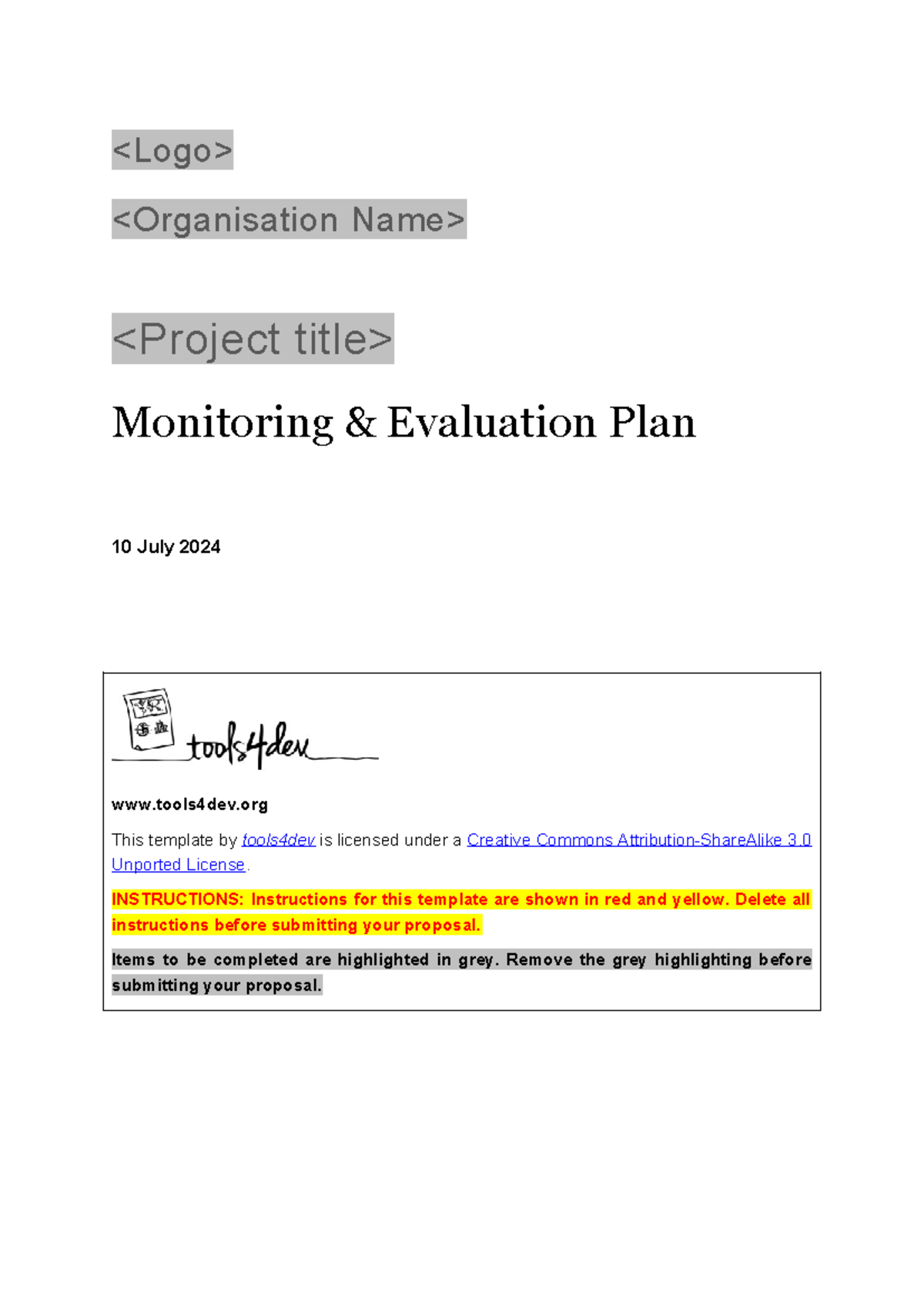 Monitoring and Evaluation ME Plan Template