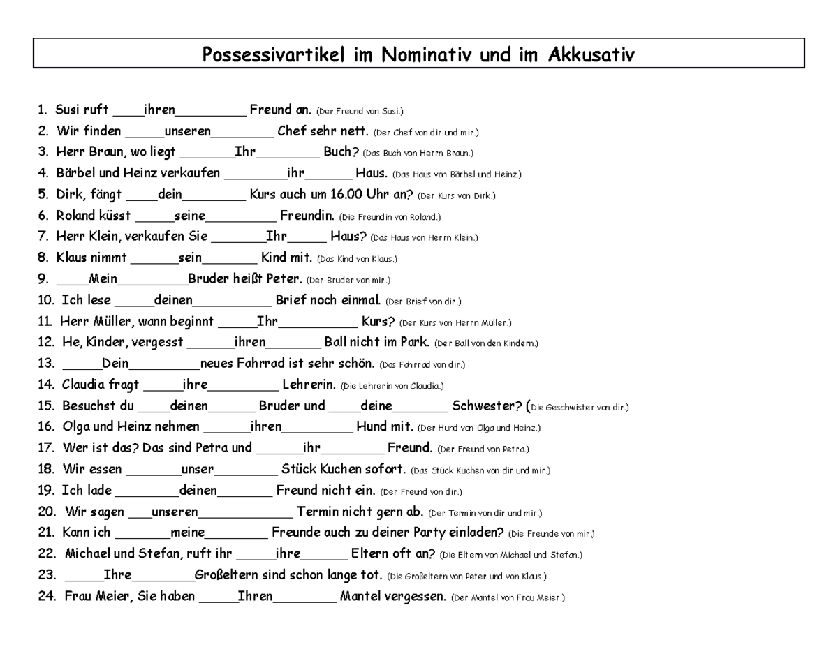 Possessivartikel Im Nominativ Akkusativ Und Dativ Hausaufgabe Kurs 1 - Possessivartikel im Nominativ und im Akkusativ 1