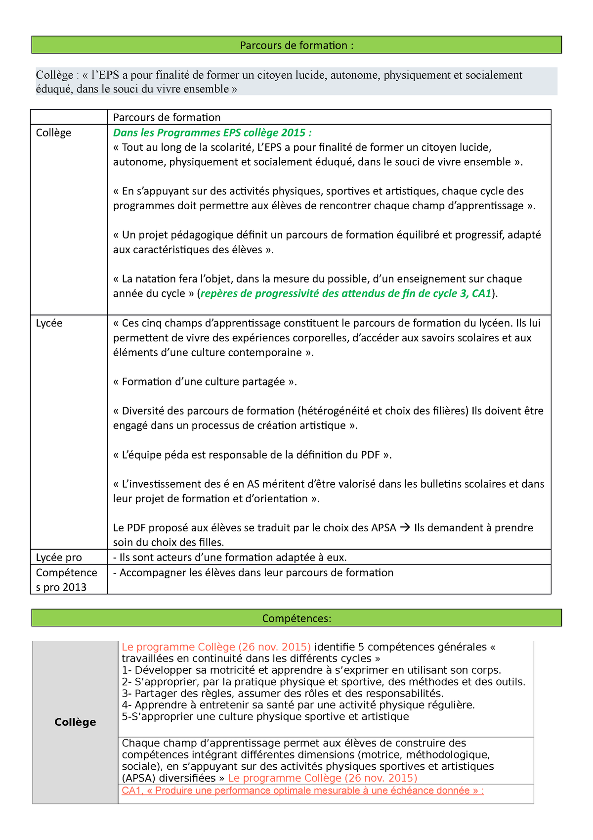 To Et Items Parcours De Formation College L Eps A Pour Finalite De Former Un Citoyen Studocu