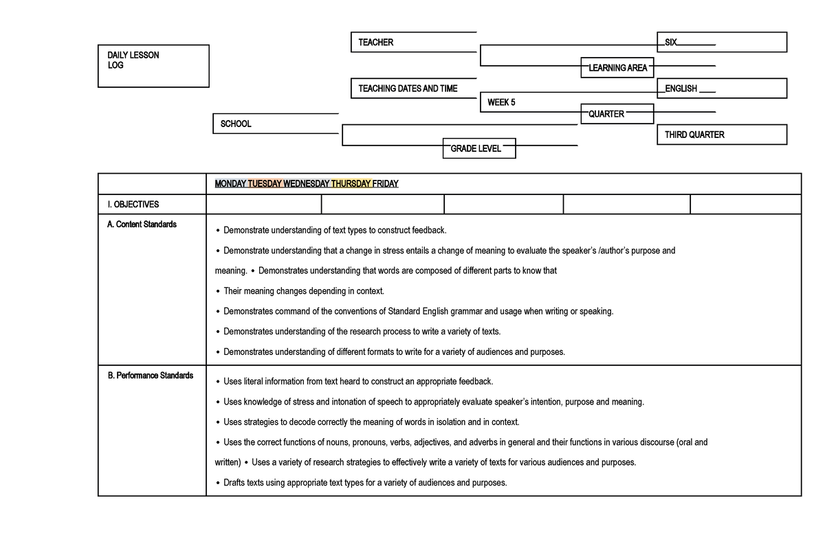 Grade 6 week-5 - Lesson Plan - DAILY LESSON LOG SCHOOL TEACHER TEACHING ...