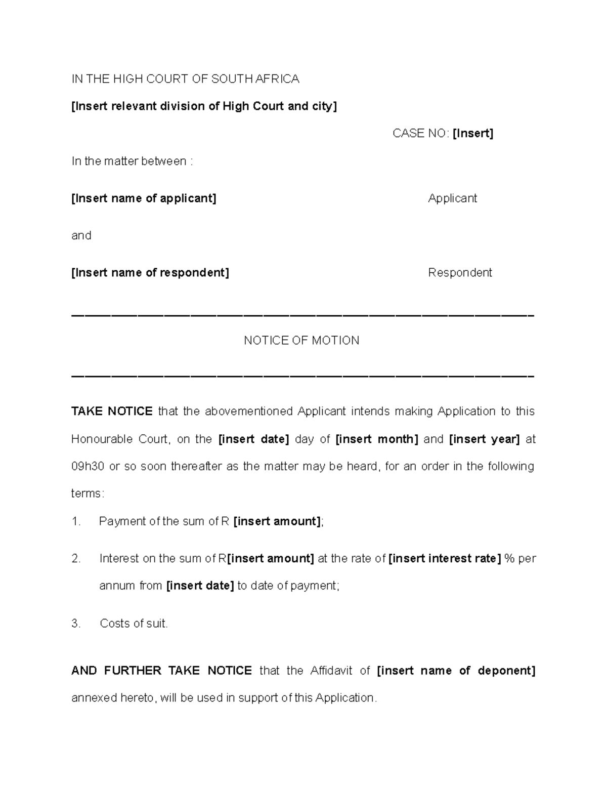 Affidavit in support of Application for summary judgment [Form 8] - IN ...