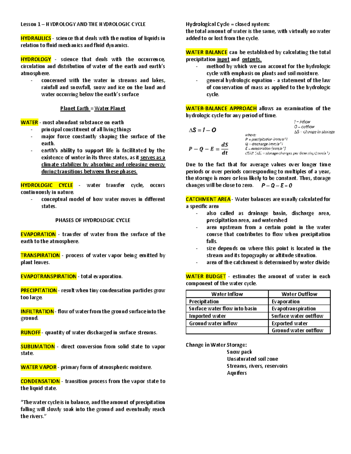 1st Lesson for 1st Quiz - Reviewer - Lesson 1 – HYDROLOGY AND THE ...