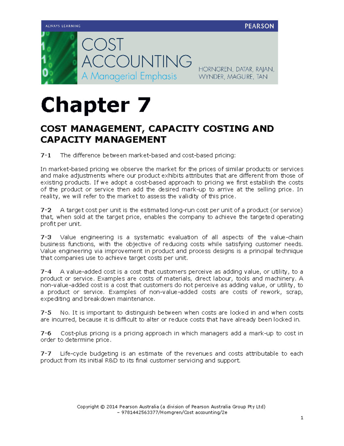 Chapter 7-Tutorial - Chapter 7 COST MANAGEMENT, CAPACITY COSTING AND ...