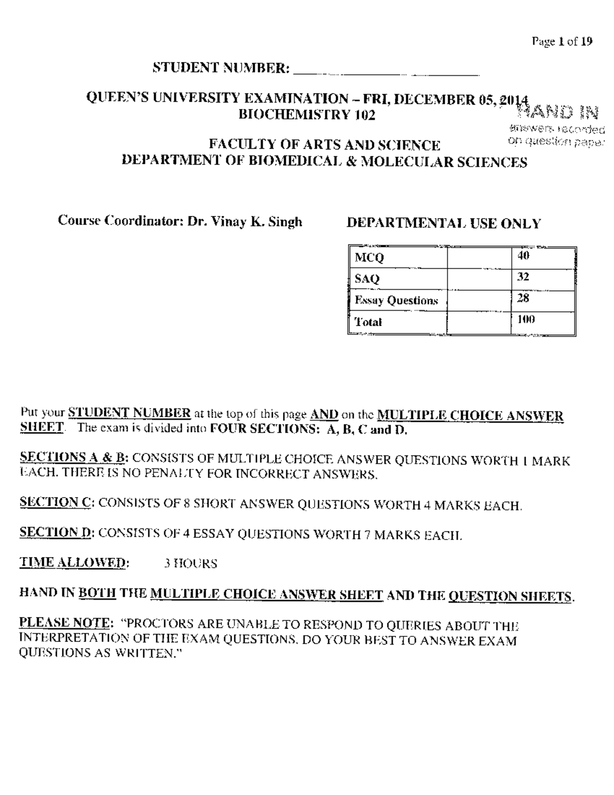 Bchm102 (3)2014 - practice test for exam - Bchm 102 - queensu - Studocu