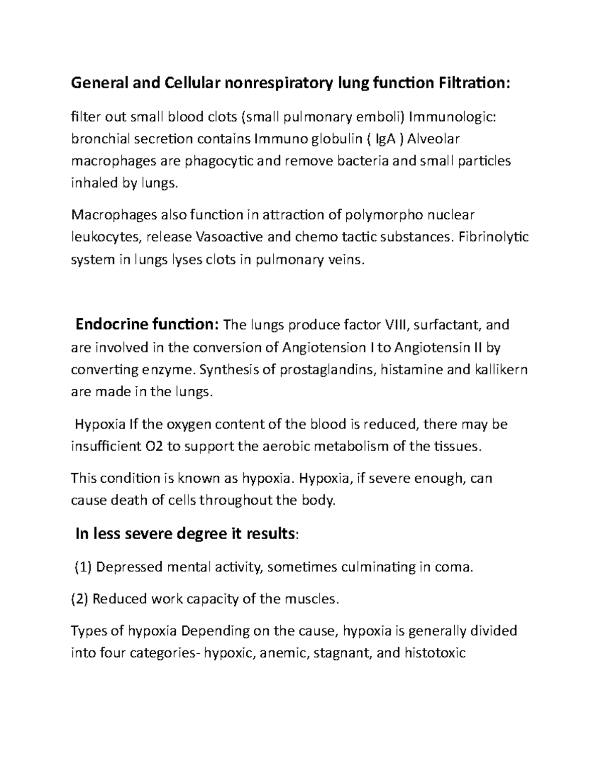lung function Filtration General and Cellular nonrespiratory lung