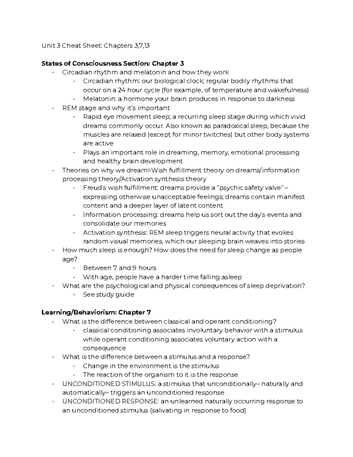 Psych Unit 3 Cheat Sheet - Unit 3 Cheat Sheet: Chapters 3,7, States of ...