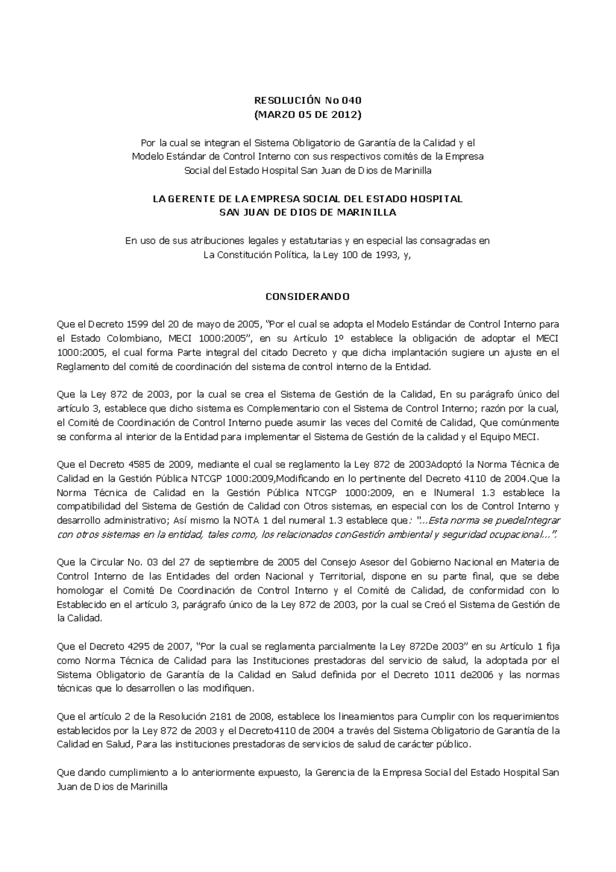 Resolucion 040 Comite Calidady Control Interno - Dialogo, Fe y Cultura ...