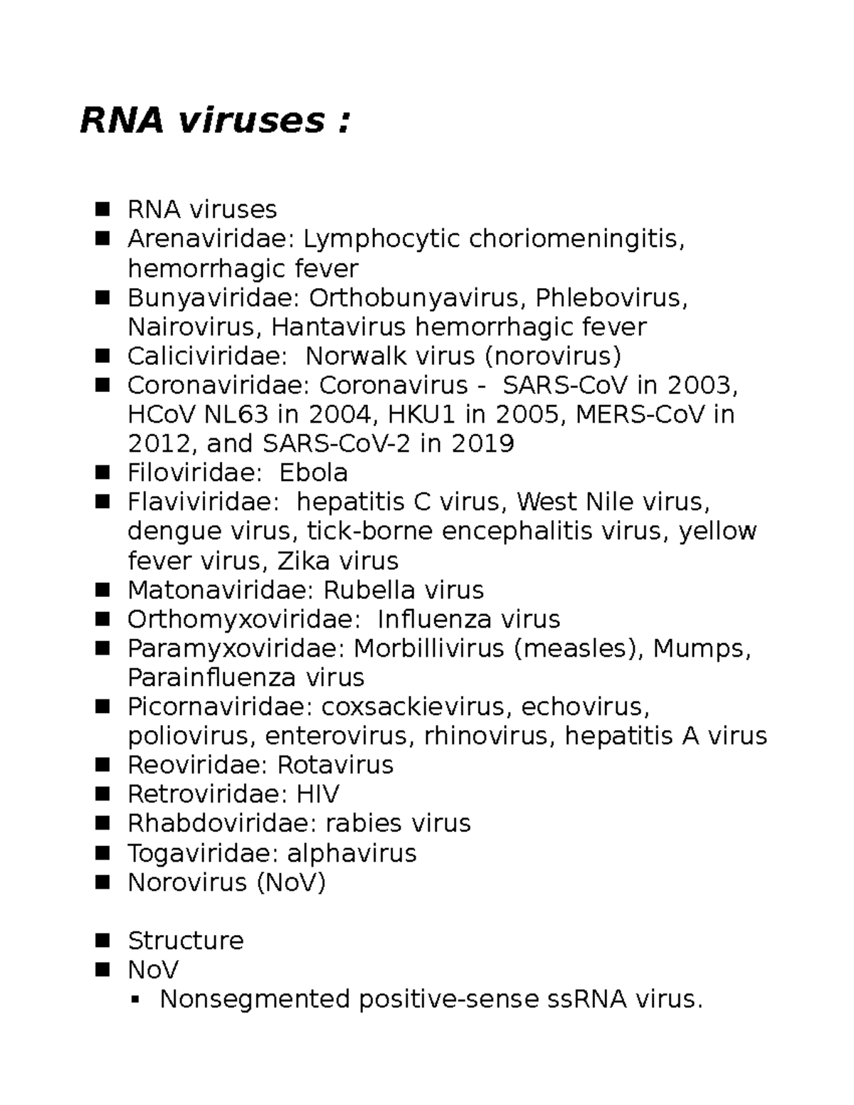 RNA viruses exams theory RNA viruses RNA viruses Arenaviridae Lymphocytic Studocu