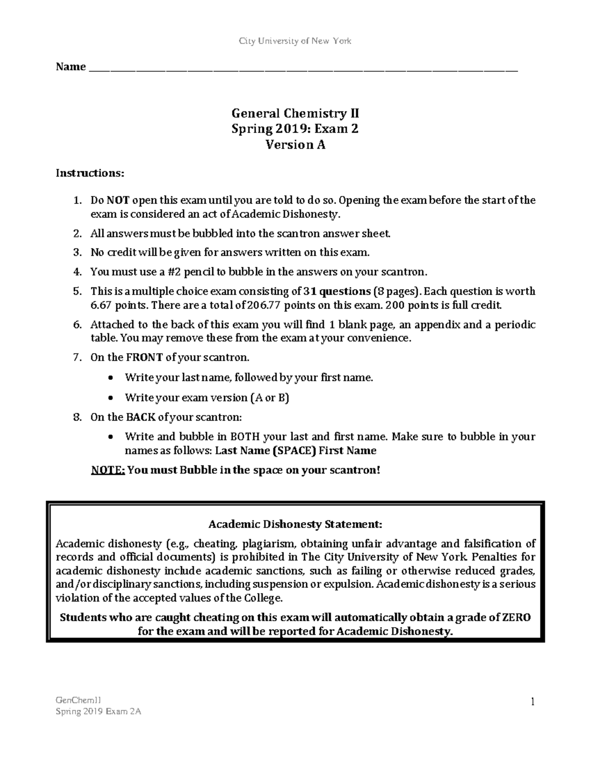 Exam2s19 - Practice test material - GenChemII 1 Name - Studocu
