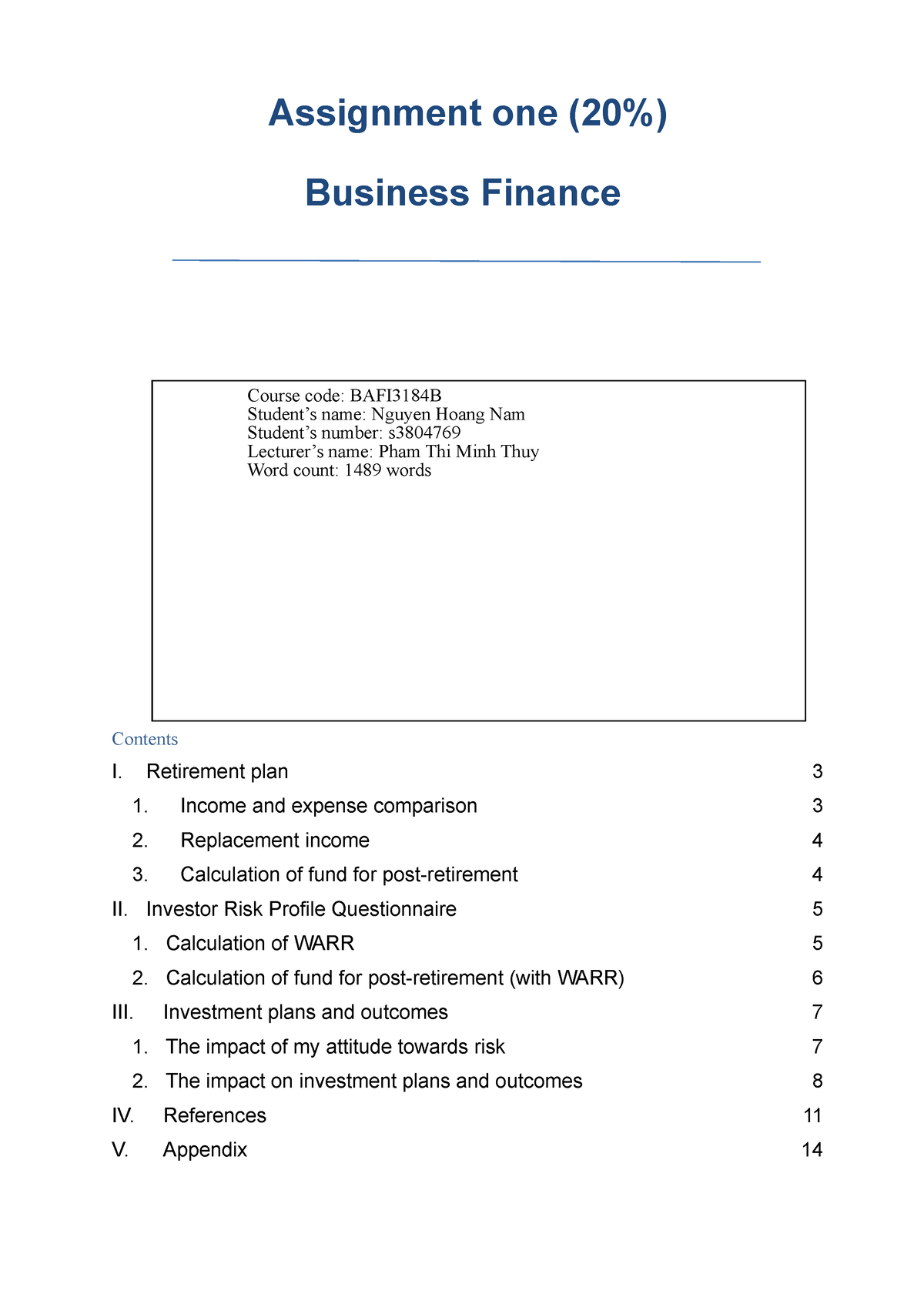 business finance assignment sample