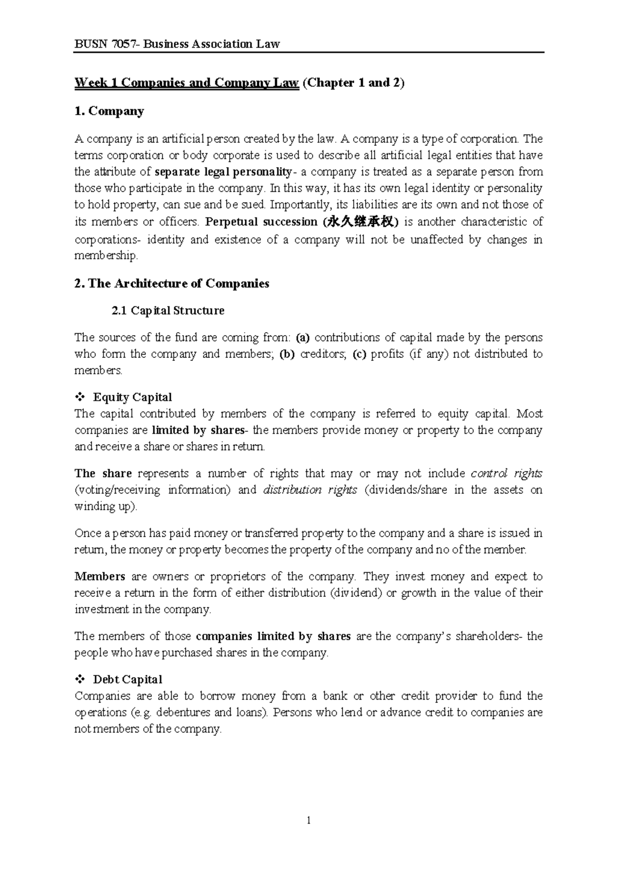 busn2101 notes - BUSN Business Association Law Week 1 Companies and ...