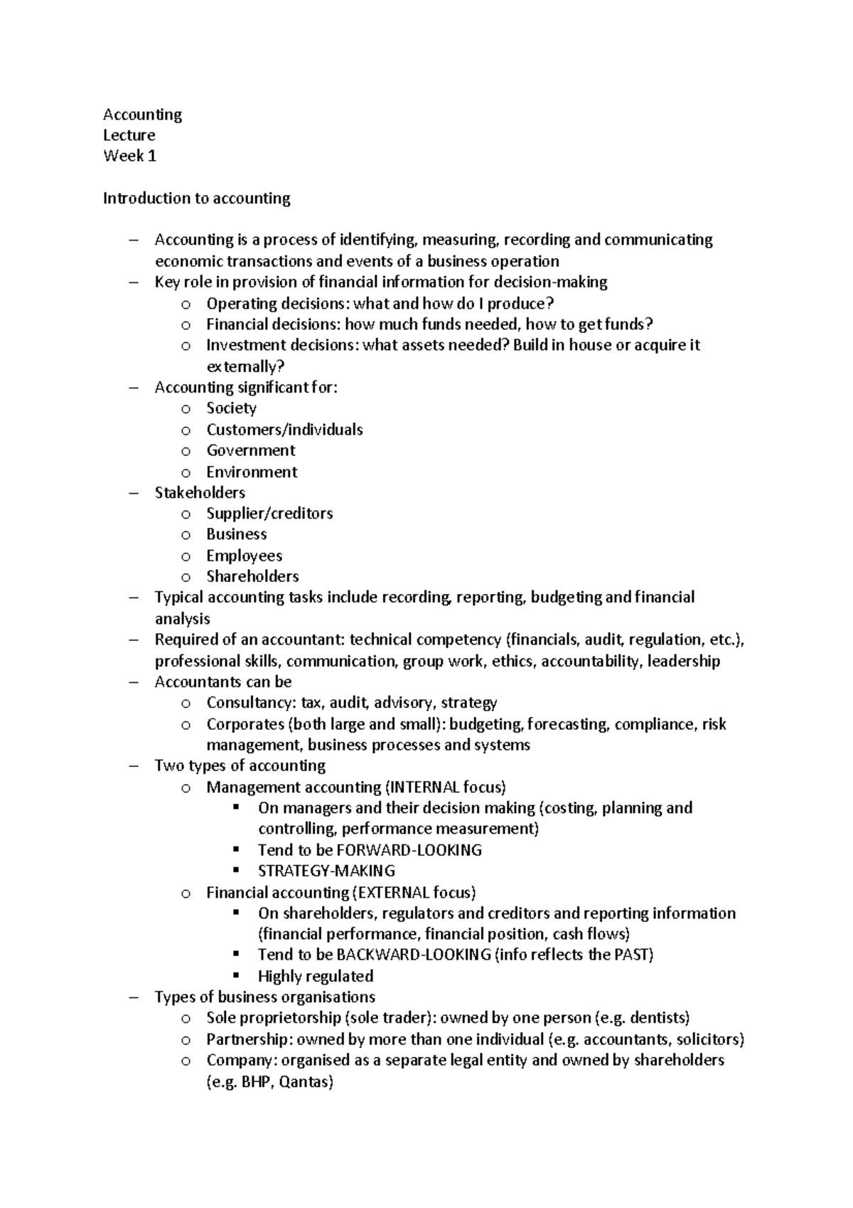 Accounting - Lecture Notes 1 - Accounting Lecture Week 1 Introduction ...