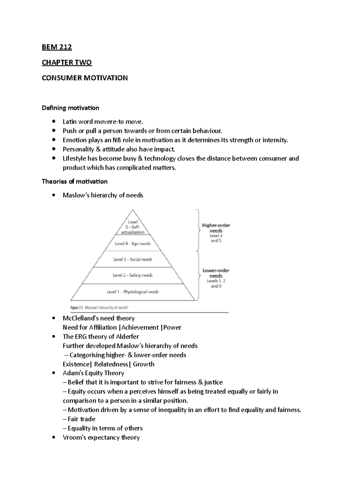 BEM 212 Chapter two - Summary - BEM 212 CHAPTER TWO CONSUMER MOTIVATION ...