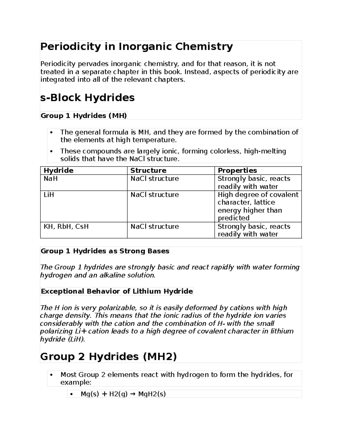Hydrogen notes 3 - Periodicity in Inorganic Chemistry Periodicity ...