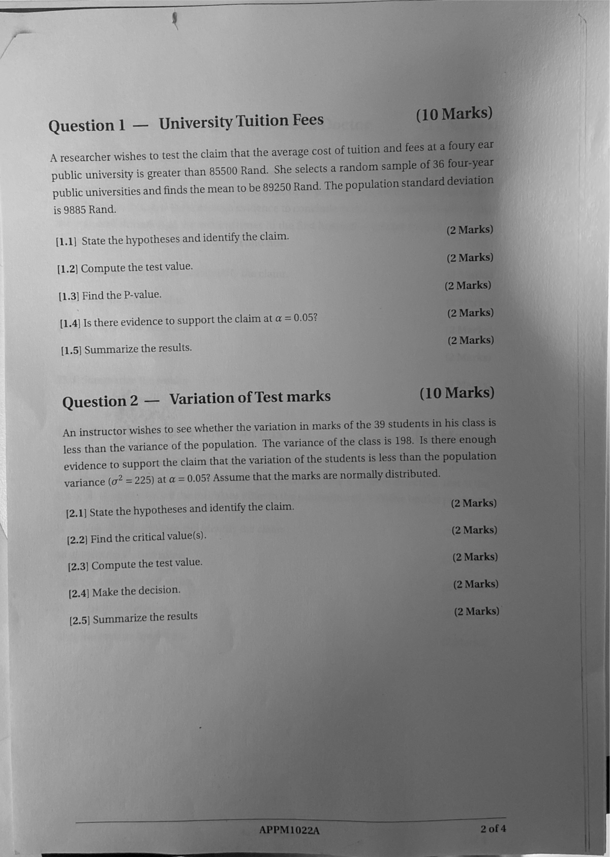 Hypothesis Testing Test Appm1026 Wits University Studocu Hypothesis Testing Test Appm1026 Wits University Studocu